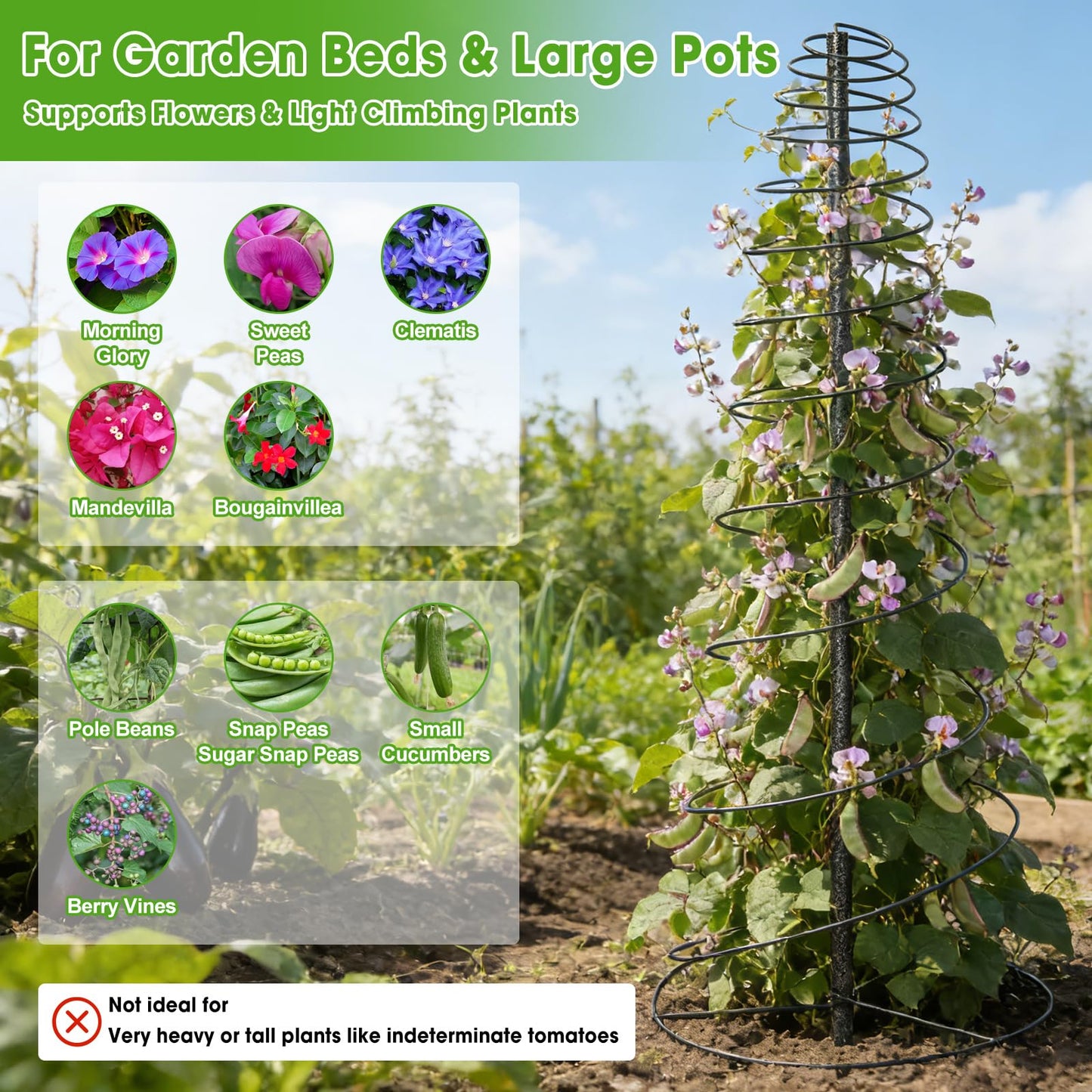 Trellis for Climbing Plants, 2PCs 75” Metal Spiral Frame Pea Trellis with Center Pole, Adjustable Vine Plant Tower Supports for Outdoor Beans,Cucumbers,Vegetable,Flowers,Pots,Garden Raised Bed,12” Dia