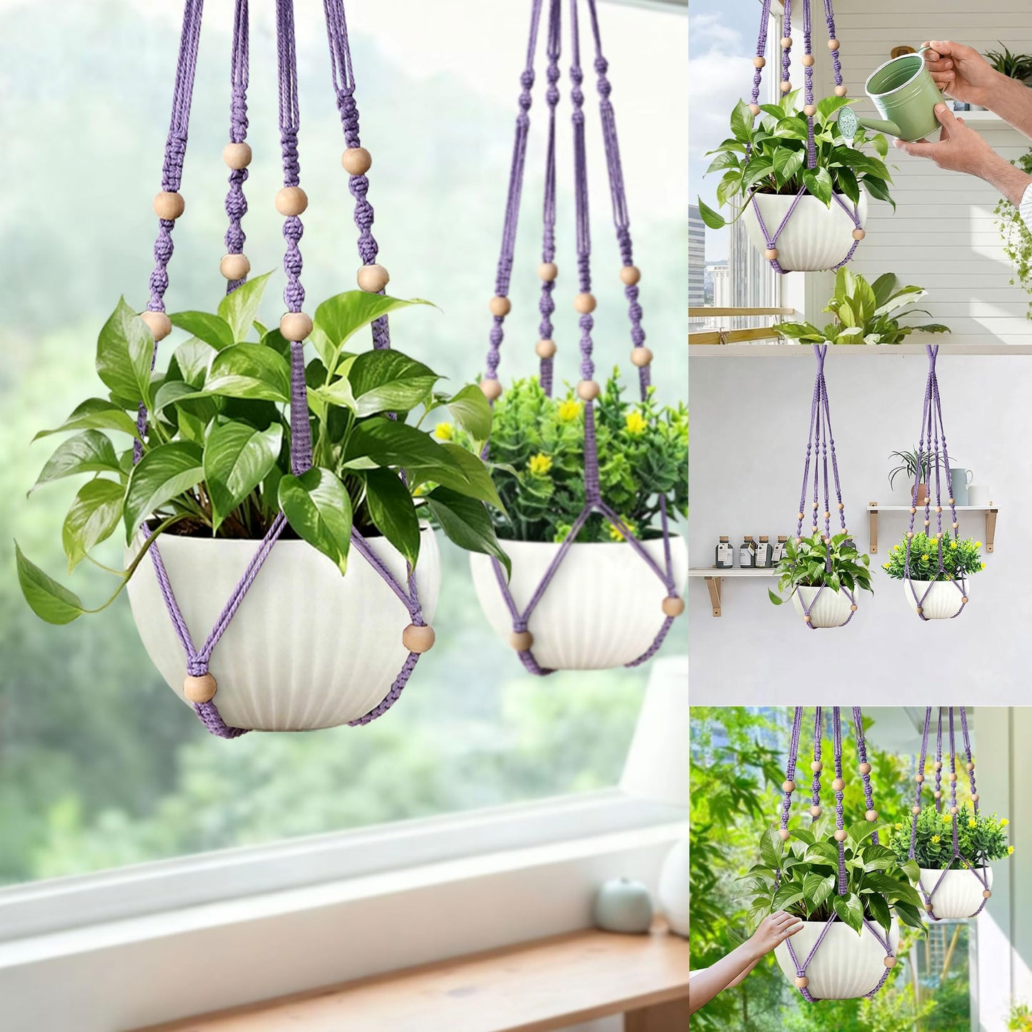wocoxo 35 Inch Macrame Plant Hanger, Hanging Planter Basket with Wood Beads, Decorative Flower Pot Holder for Indoor Outdoor Boho Home Decor, Set of 2 (Purple)