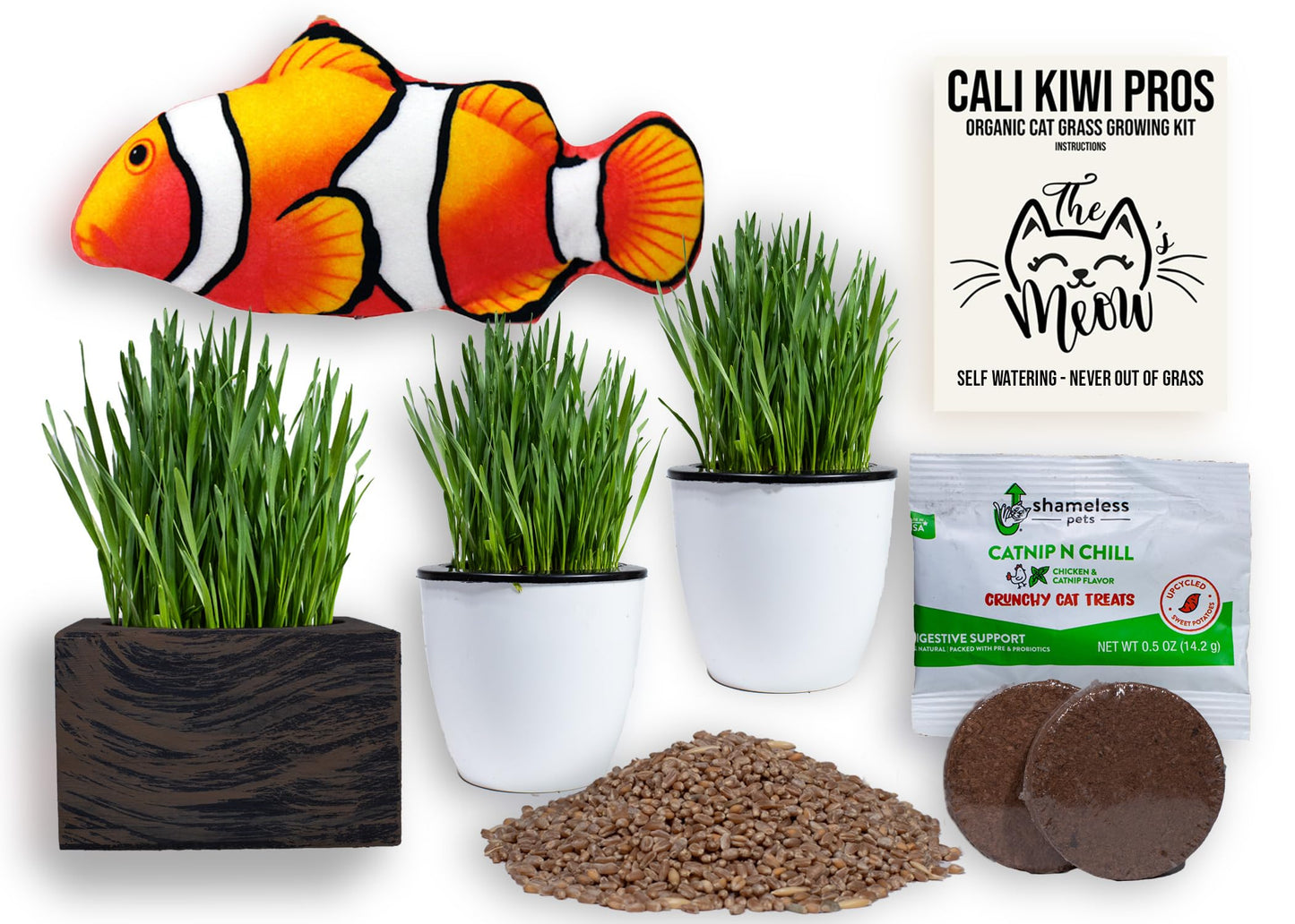 Cali Kiwi Pros Cat Grass for Indoor Cats – Organic Grass Kit with Interactive Flippy Fish Toy (Wicker Brown)