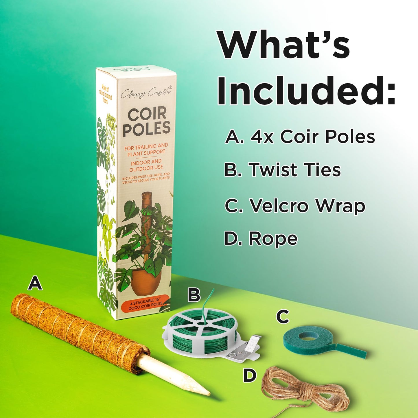 Casita Coco Coir Plant Moss Pole - Indoor Plant Support, Climbing Poles - 3.81x3.81x15.9 inches, 4 Pieces