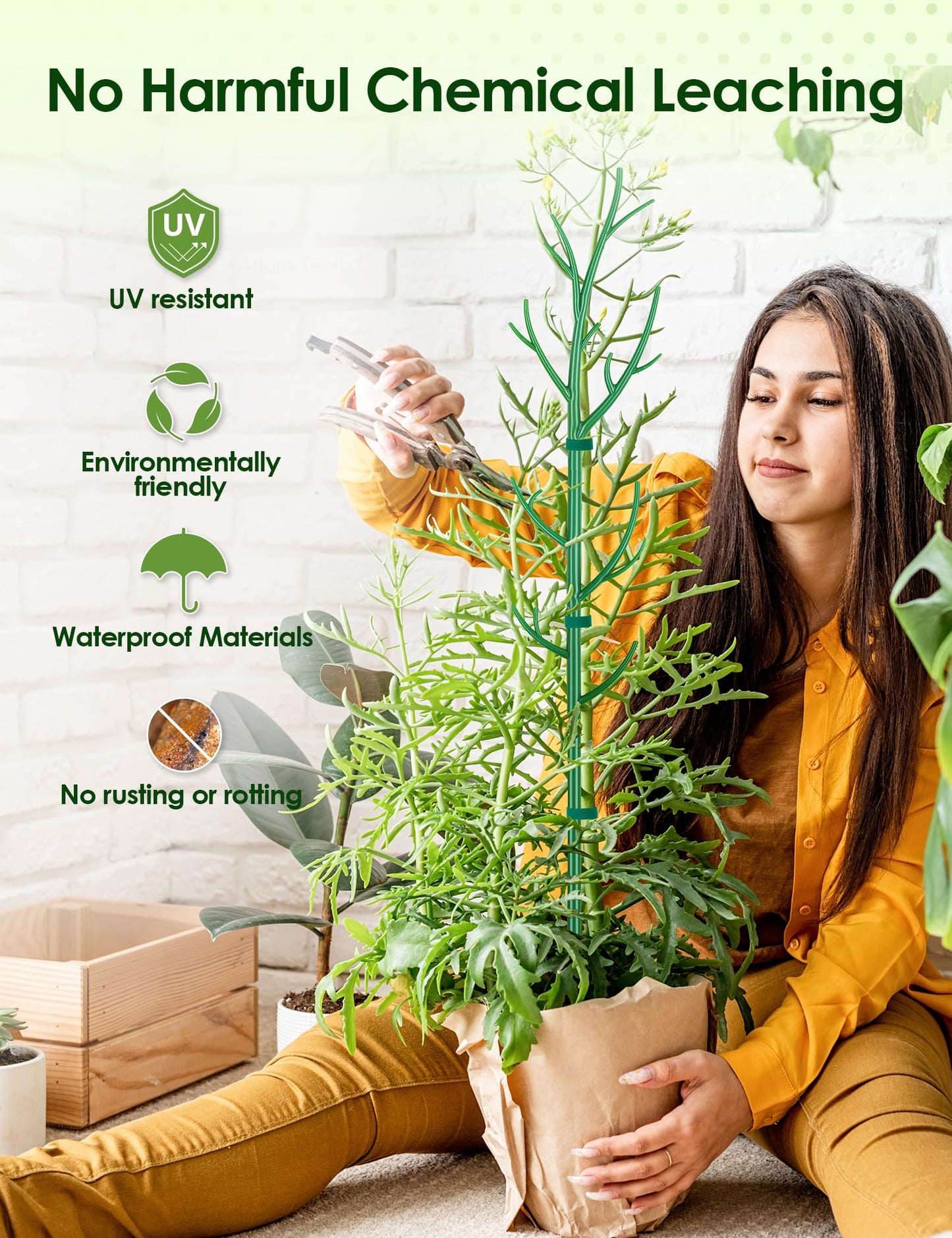 NiHome 50" Plant Support Stakes 5-Pack for Indoor & Outdoor Garden Climbing Plants Enhances Upright Growth - UV-Resistant, Non-Rotting Plastic Natural Branch Look for Pothos, Clematis, Ivies (Green)