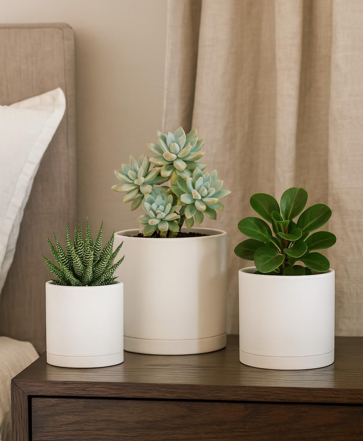 D'vine Dev 4 Inch 5 Inch 6 Inch, Set of 3 Plastic Planter Pots for Plants with Drainage Hole and Seamless Saucers, Oatmeal, Small, 74-V-H-1