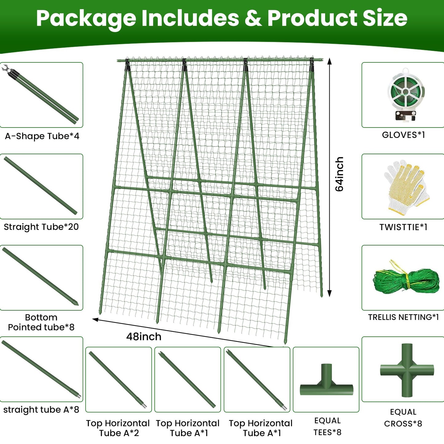 Cucumber Trellis for Raised Bed 48" L x 64" H, 16mm Adjustable A-Frame Garden Trellis with Net for Climbing Plants, Vertical Garden Vegetable Trellis for Zucchini Pea Bean Squash Grape Tomato Flowers