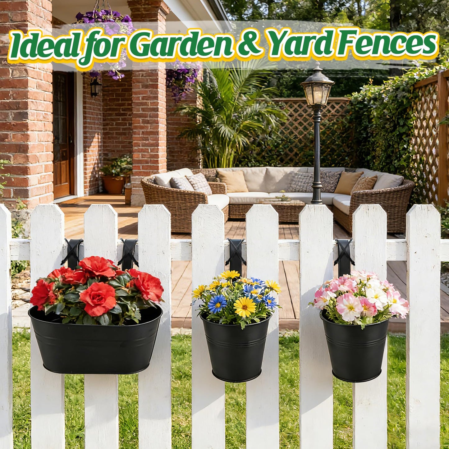 MADHOLLY Railing Planter with Drainage - 10.8" & 5.1" Bucket Pots for Balcony Railing, Metal Iron Hanging Flower Pots for Herb Planter Outdoor Deck & Rail Decor with Hook, Black (3Pcs)