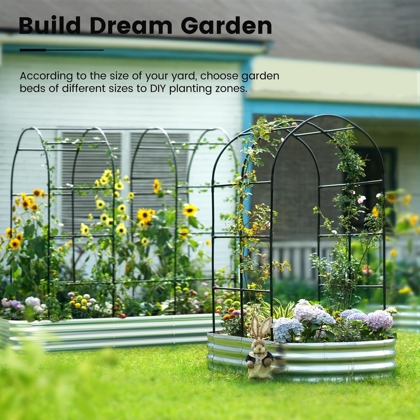 KING BIRD Raised Garden Bed with Arched Trellis Galvanized Planter Garden Box Outdoor for Gardening, Climbing Vegetables, Flowers 7.87x3.94x0.98 Ft, Silver