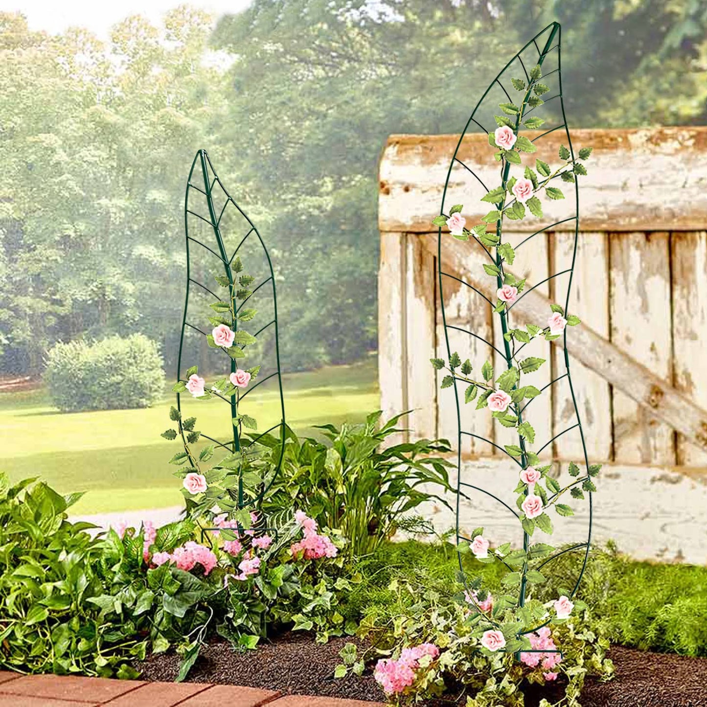 Garden Trellis Plant Support Trellis Green Leaf Trellis Garden Decoration for Climbing Vines Floral Metal Trellis Set of 2（Green）