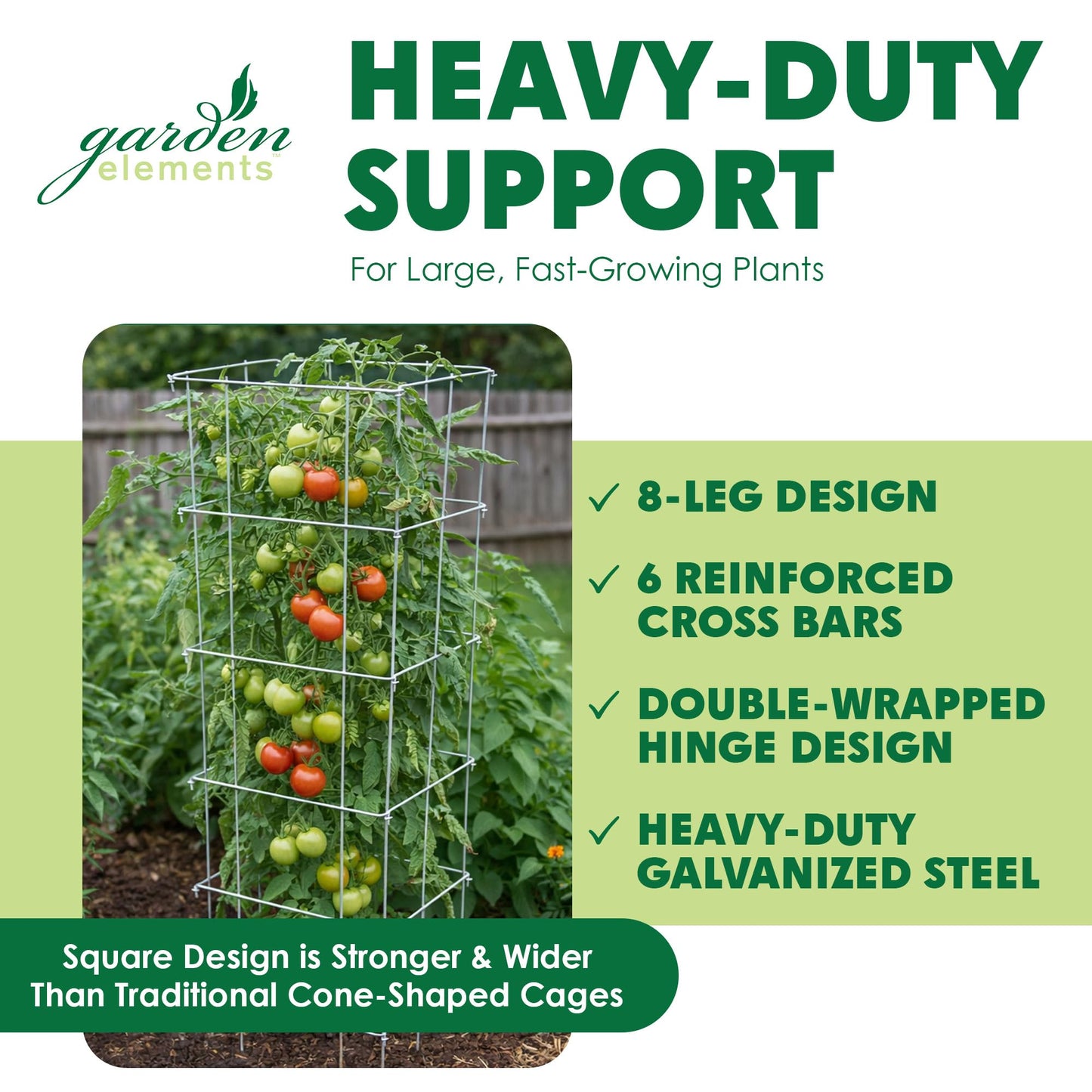 Garden Elements Square Tomato Cage, 48 Inch (Pack of 3) - Heavy Duty Galvanized Steel Plant Support, Collapsible Garden Trellis with 8-Leg Stability for Climbing Vegetables & Vines