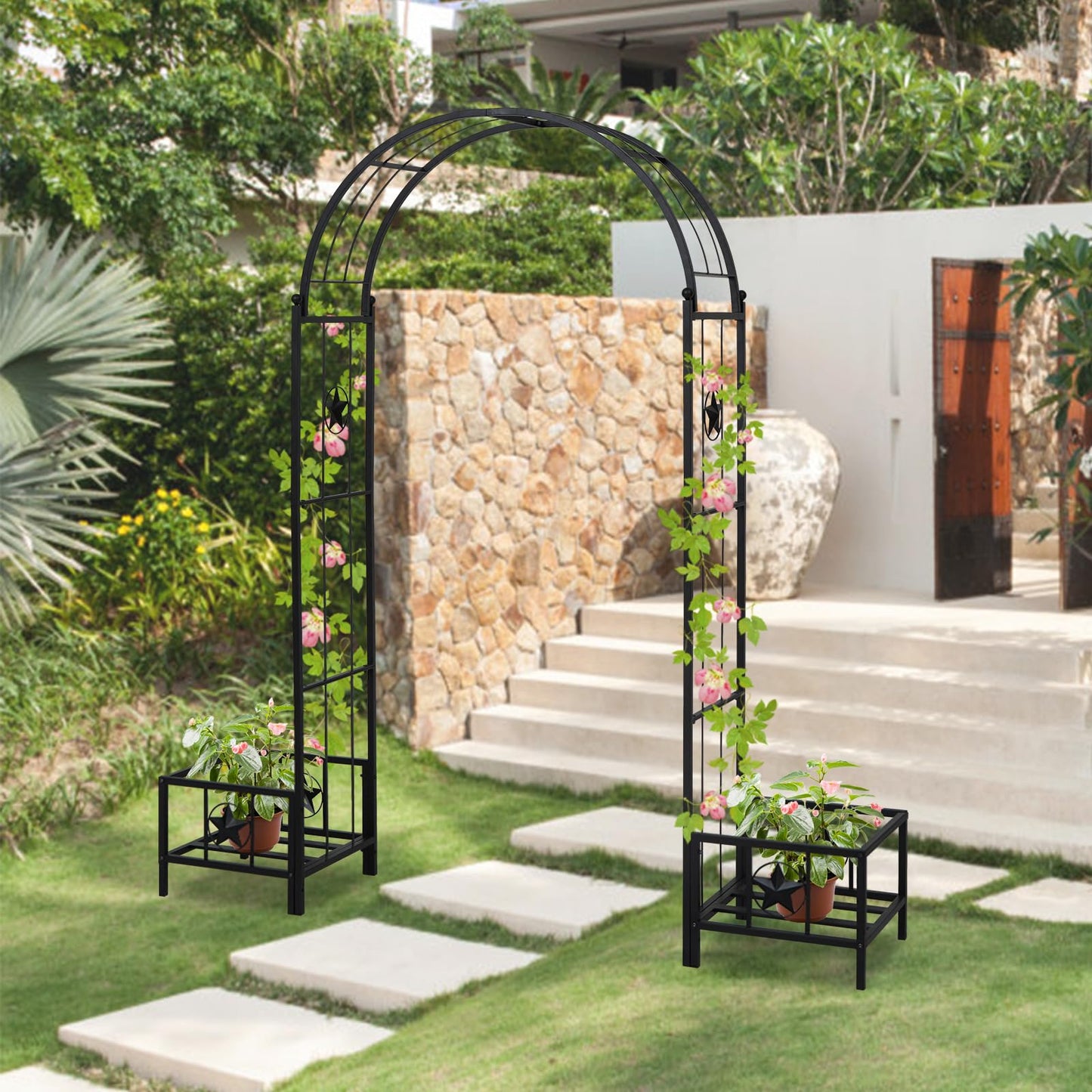 Kinfant Steel Garden Arch Arbor with Planter Boxes – Heavy-Duty Outdoor Trellis for Climbing Vines, Flowers, Decorative Arch for Wedding Ceremony, Party, Backyard, Lawn