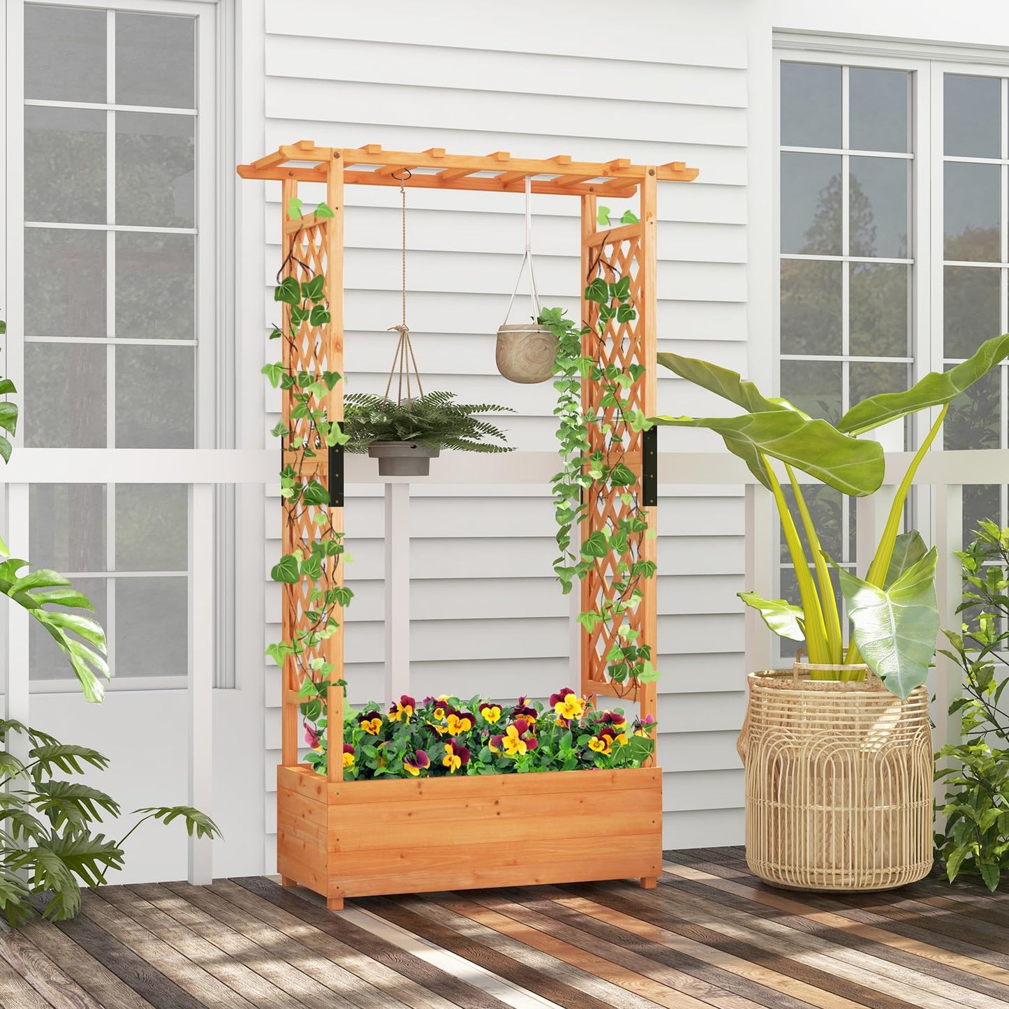 LDAILY Raised Garden Bed with Trellis, Above Ground Garden Bed with Hanging Roof, Side Trellis, & 4 Drainage Holes, Planter Box for Outdoor Climbing Plants Vines Flowers (1, 43.5"L x 17.5"W x 72"H)