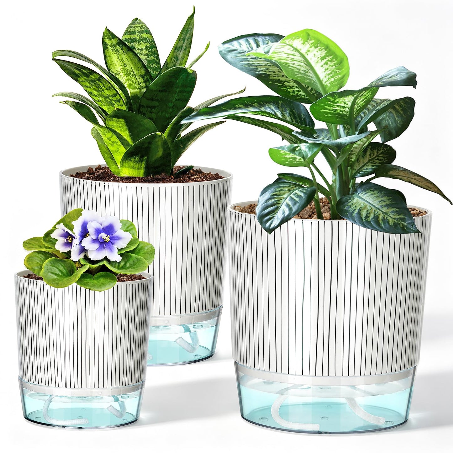 Samhe 3 Pack Self Watering Pots for Indoor Plants, 4+5.5+6.3 Inch Self Watering Plant Pots, Flower Pots with Wick Rope and Reservoir - Black Stripes