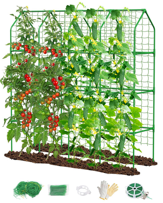 65" Cucumber Trellis for Climbing Plants Outdoor, Metal Garden Trellis for Raised Bed, Plant Support Structures with Netting for Cucumbers Tomatoes Beans Peas (67 * 17 * 65inch(L*W*H), Trellis)