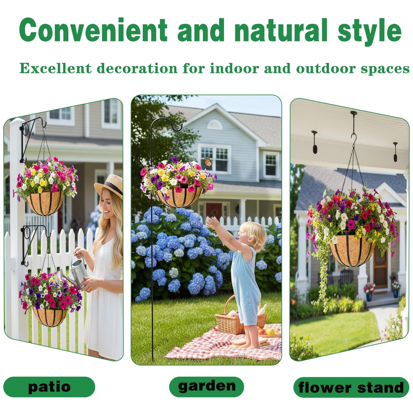 JFFLYIT 2 Pack 12 Inch Hanging Planters for Outdoor Plants Metal Hanging Planter Basket with Coco Coir Liner Round Plant Black Flat Iron Metal Flower Pots for Deck Patio Porch Garden Balcony
