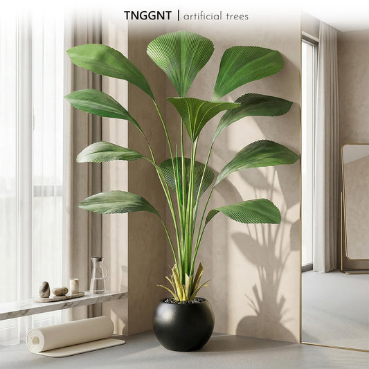 TNGGNT Artificial Sumatra Palm Tree: 5FT Fake Licuala Fan Palm Tree Faux Tropical Plant Realistic Tall Floor Plant in Black Egg-Shaped Pot for Home Living Room Office Decor Patio Hotel Indoor Outdoor
