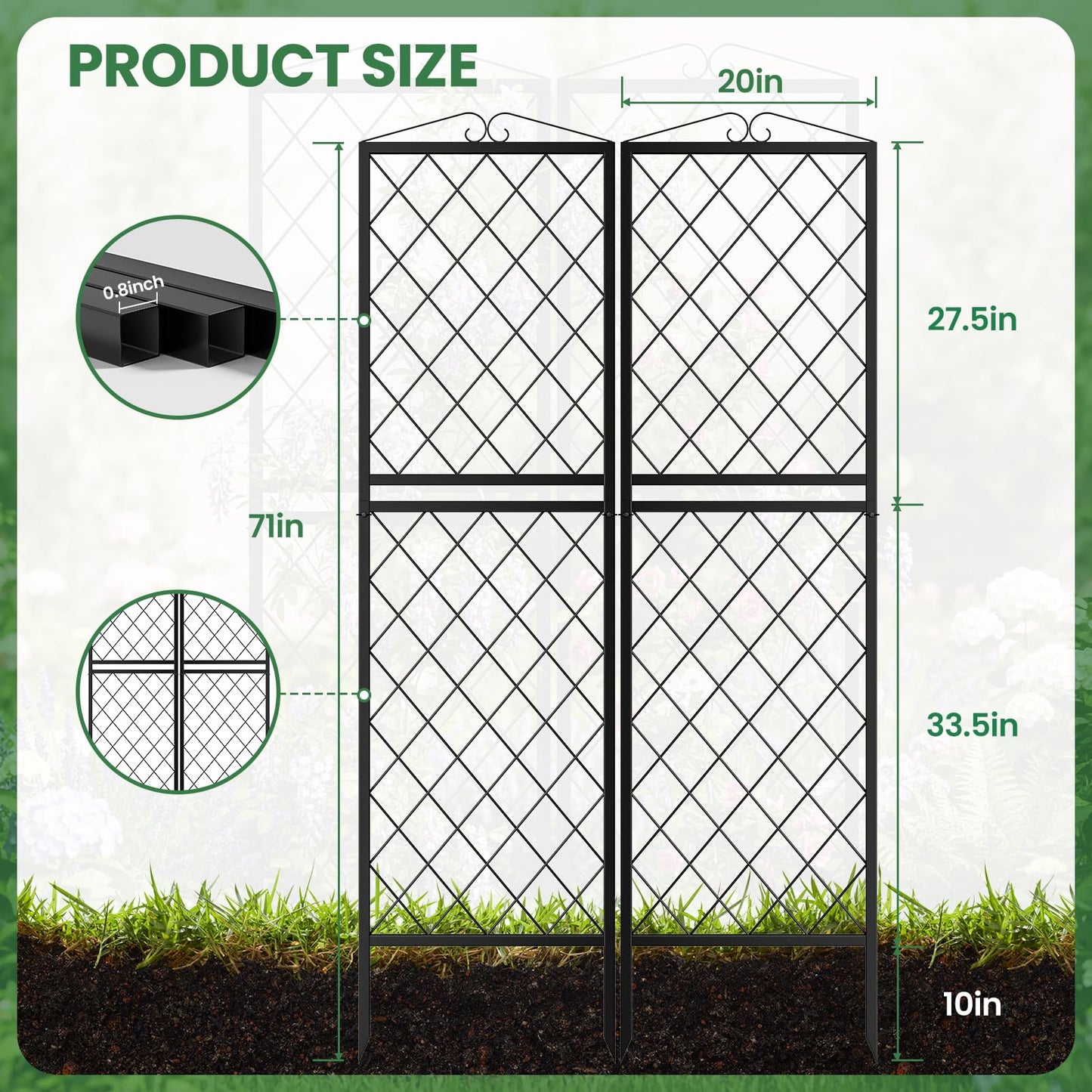 2 Pack 71 Inch Metal Garden Trellis for Climbing Plants, Thickened Square Tube Metal Garden Trellis for Vines Plant Rose Vegetable Support,Large Decorative Outdoor Trellis