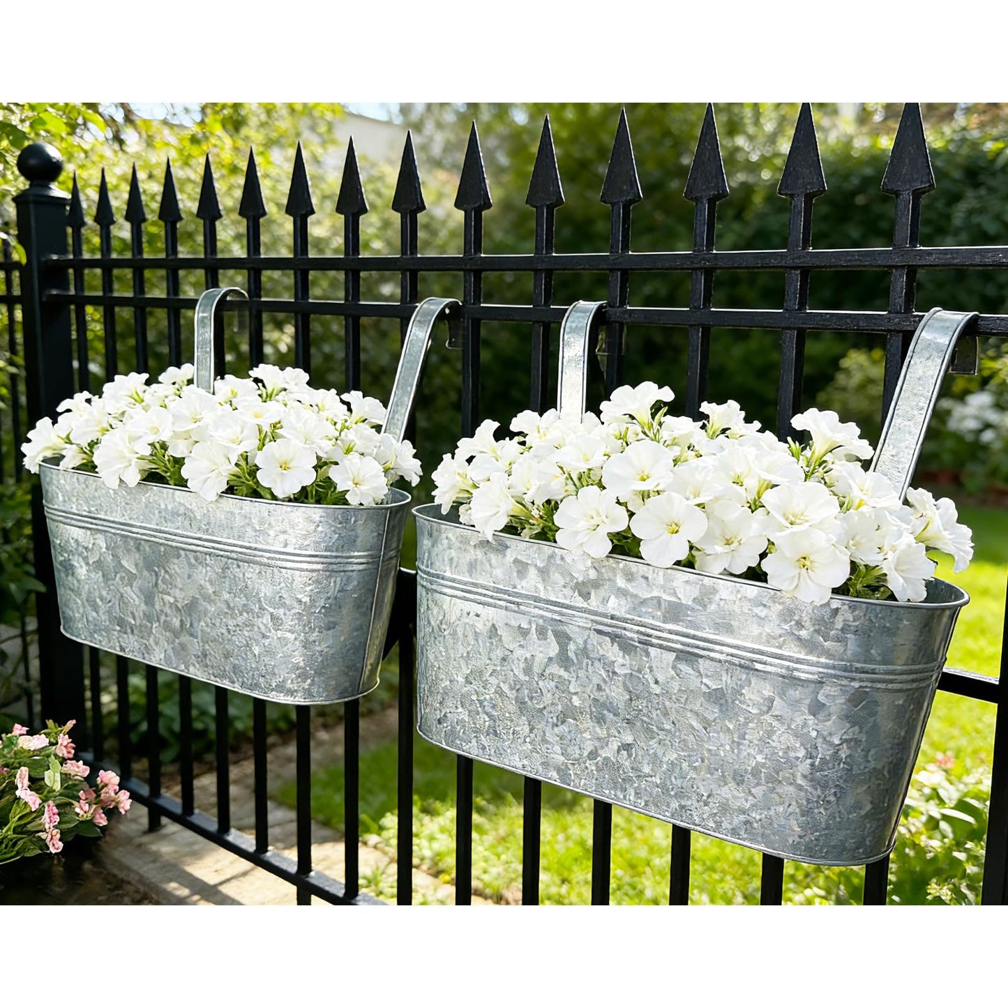 Joyfernal Balcony Galvanized Hanging Planters Railing Flower Pots, Outdoor Metal Fence Planter Pot with Detachable Hooks Drain Hole for Garden Patio Yard Decor (17 Inch, 4Pcs)