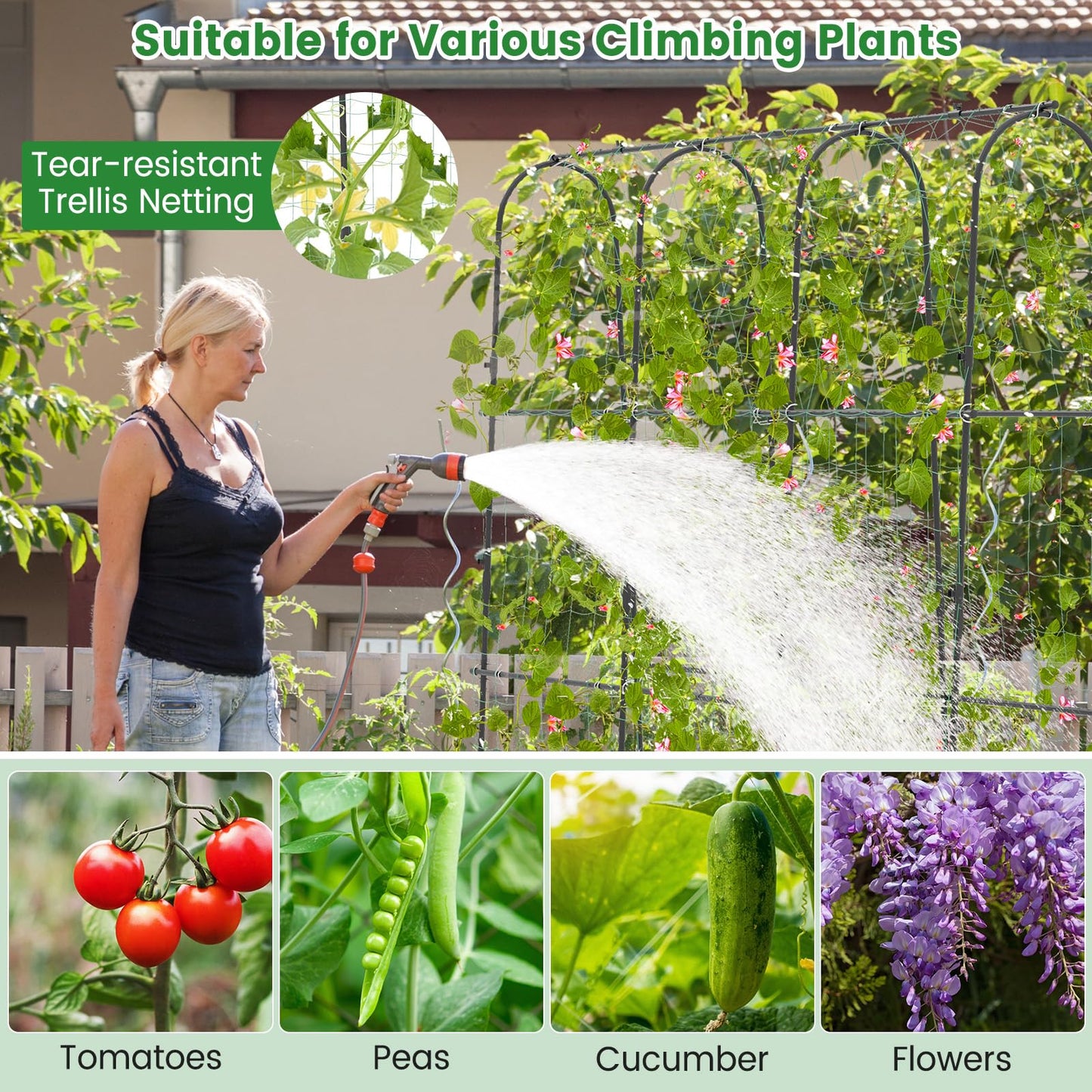 CHEFJOY 71” x 71” Trellis for Climbing Plants Outdoor, U-Shaped Metal Garden Arched Trellis with Netting, Sure-Clips & Ground Stakes, Cucumber Trellis for Vegetable Fruit Flower Vine