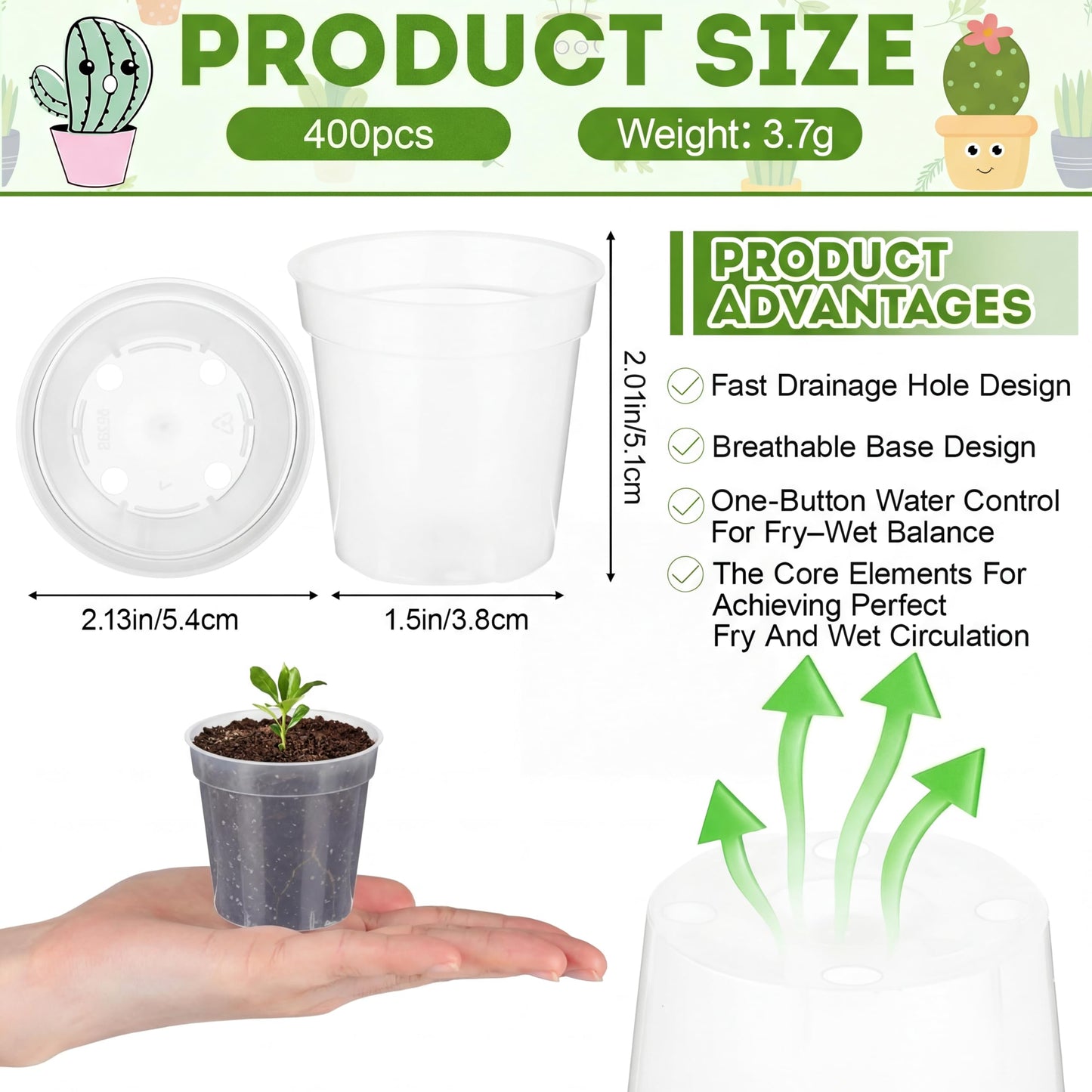 Domensi 400 Pcs 2inch Clear Nursery Pots, Mini Plastic Plant Pot Nursery Seedling Pot with Drainage Holes for Seeds Starter, Indoor Outdoor Garden Vegetables Flowers Seedlings, Gardening Gifts