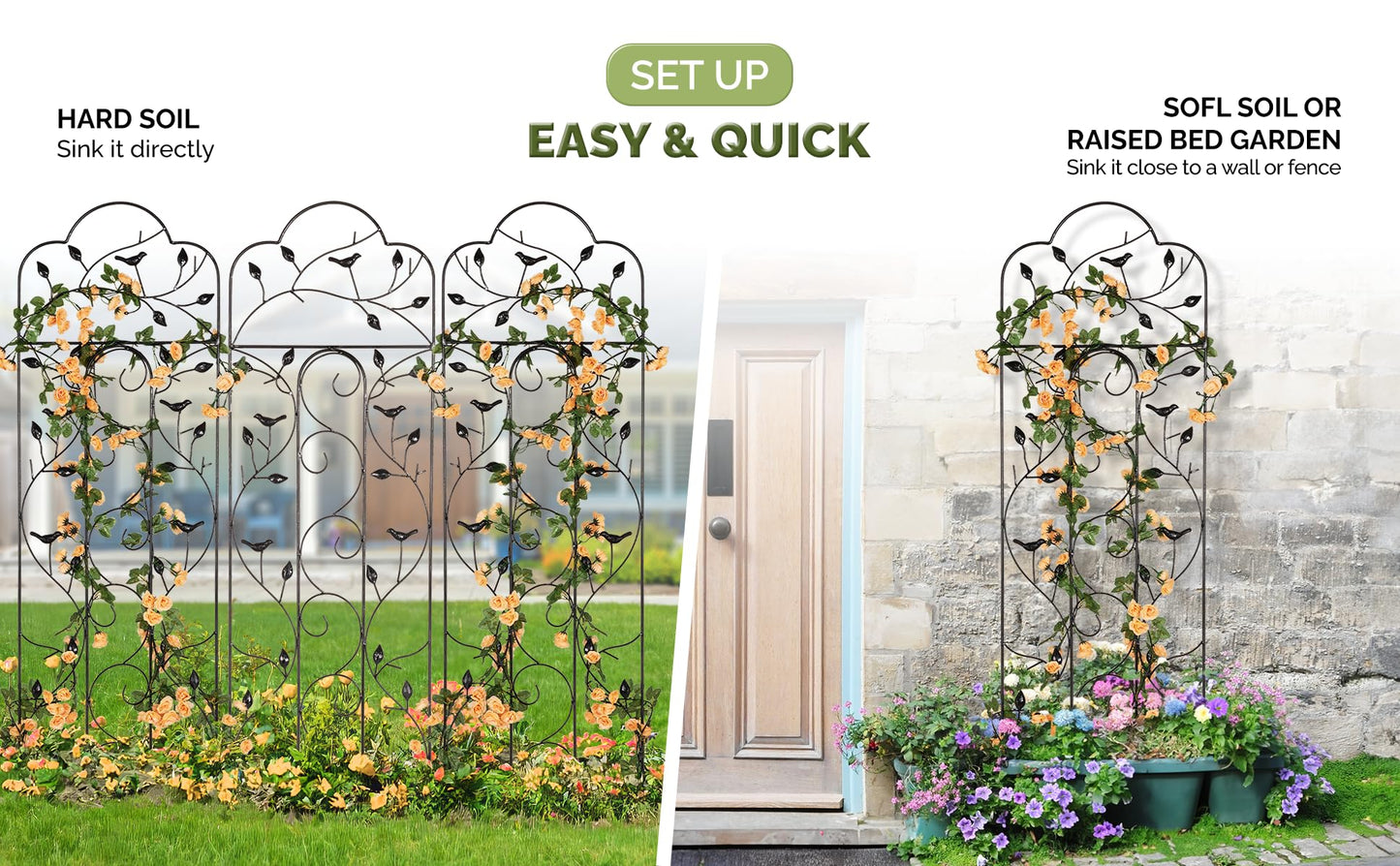 Idzo Decorative Metal Trellis for Climbing Plants Outdoor, Anti-Corrosion Powder Coated Garden Trellis, Sturdy Long Spikes, 60 Inch