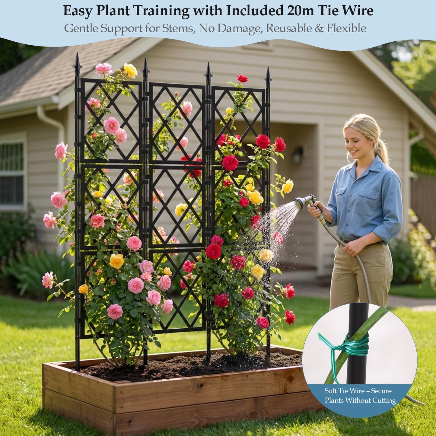 DEVISEFUN 5.25FT Metal Garden Trellis for Climbing Plants Outdoor and Indoor, Black Iron Pipe Support Fence Climbing Plant Frame Wall Trellis with Garden Twist Tie for Ivy Vines Vegetable Flower