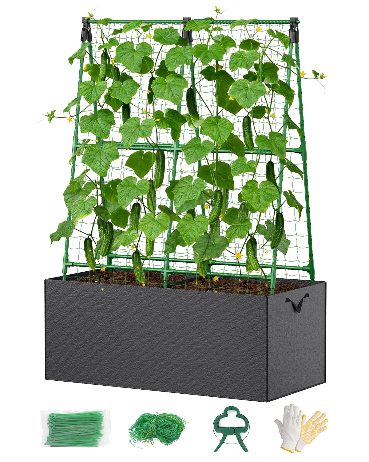 Cucumber Trellis with for Climbing Plants, A-Shape Garden Trellis with Grow Bags, Metal Plant Trellis with Garden Netting for Vegetables Flowers Fruits (A-Shape)