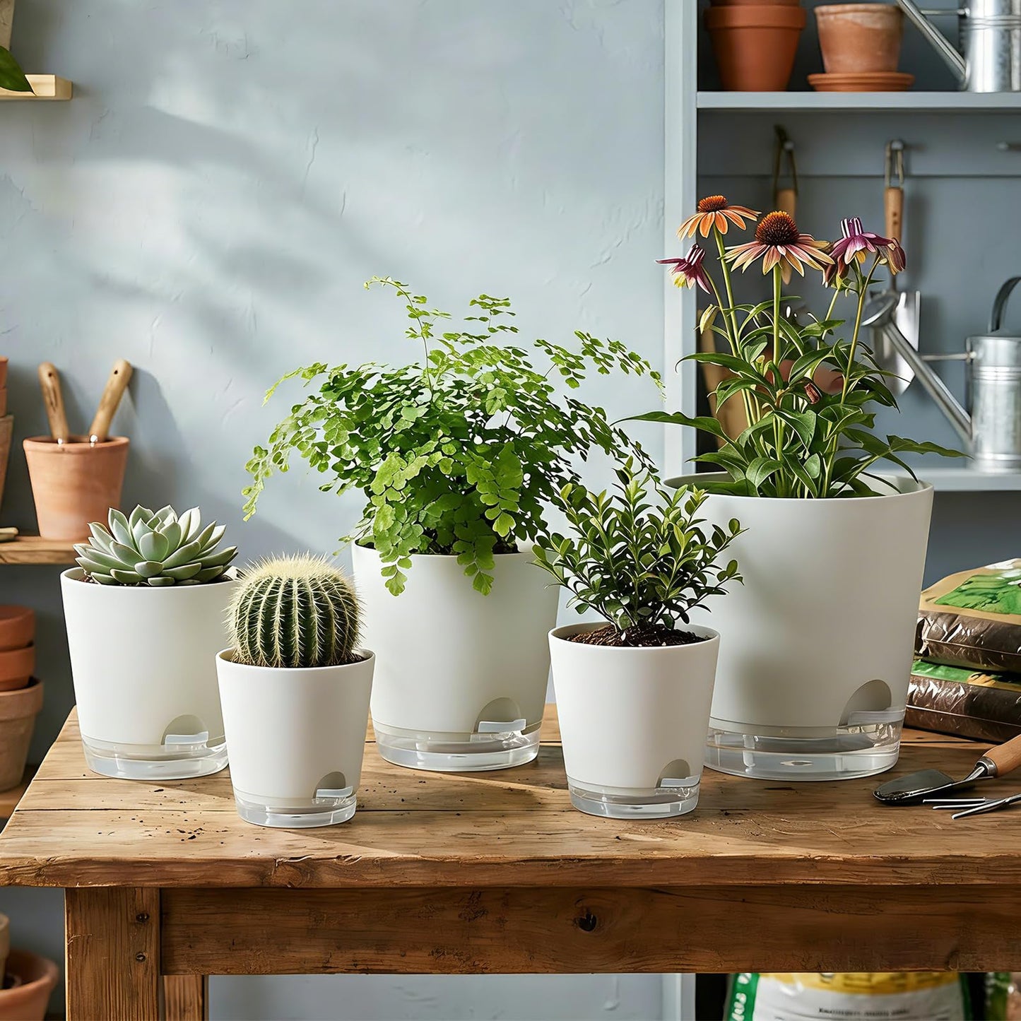 GARDIFE 2026 Upgraded Self Watering Plant Pots with Drainage Hole, 8/7/6.5/6/5.5/5/4 Inch Flower Planting Containers for House Plants, African Violet, Flowers, Cactus (White, 8+7+6.5+6+5.5+5+4 inch)
