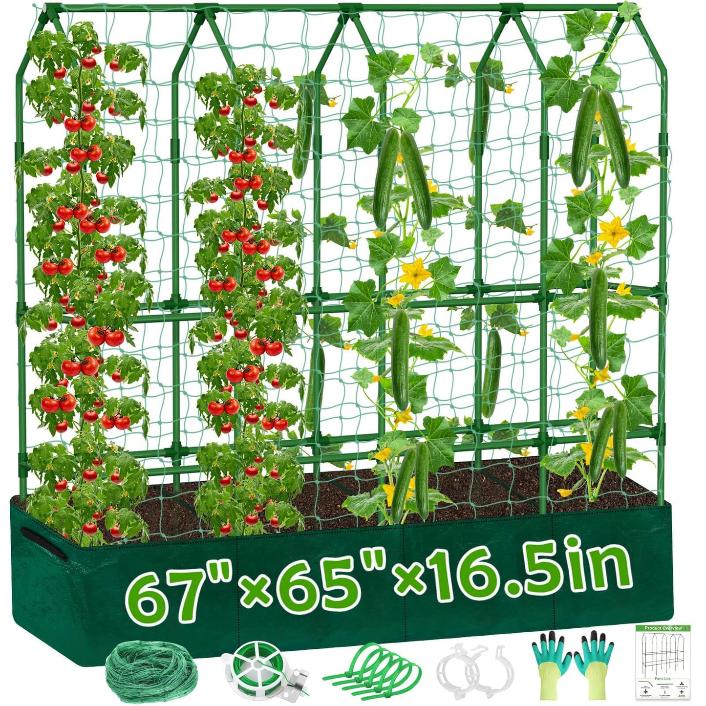 Large Cucumber Trellis for Climbing Plants with Grow Bag, 67"×65"×16.5" Metal Garden Trellis for Raised Bed with Garden Netting and Plant Clip Plant Ties for Vegetables, Squash, Pea, Grape, Tomato