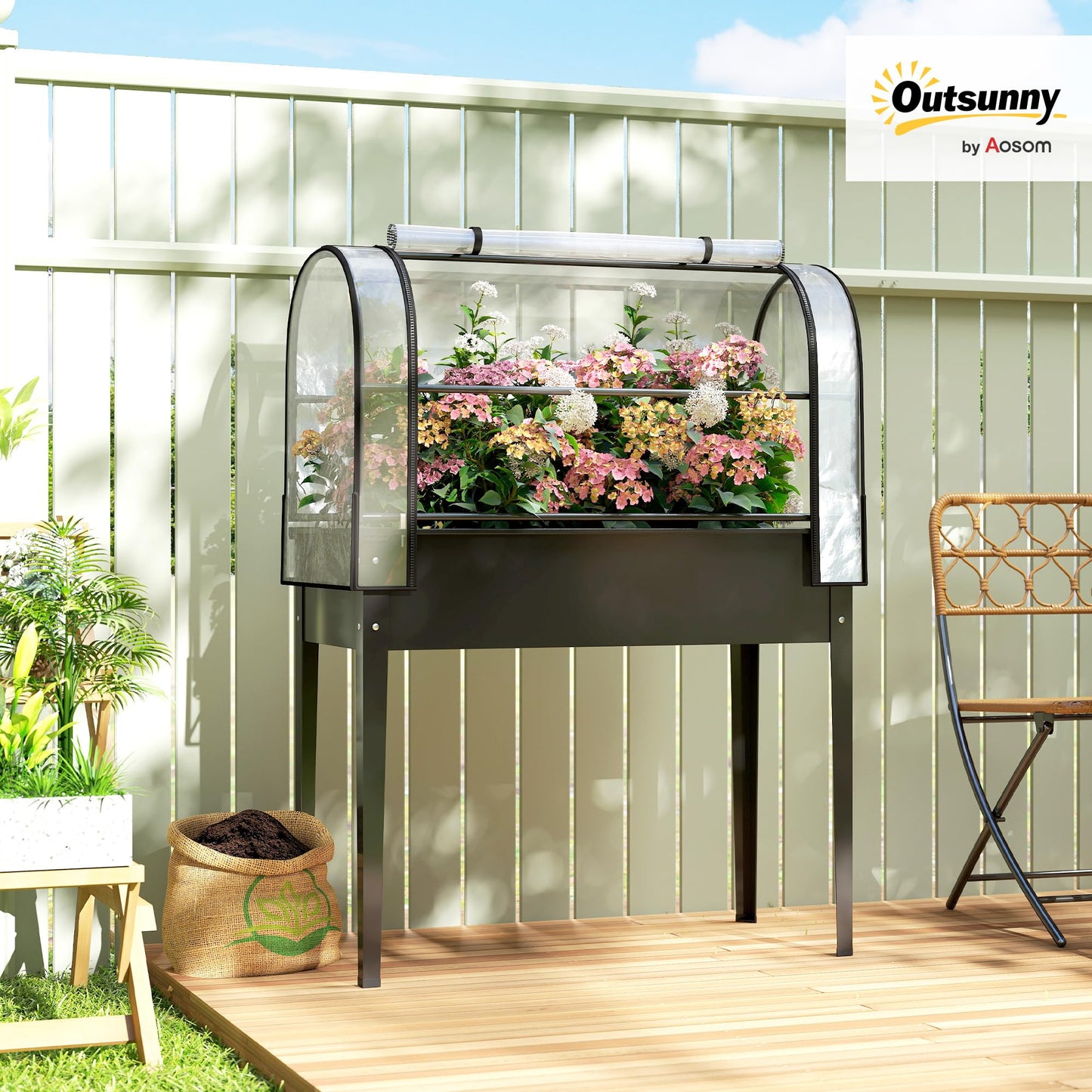 Outsunny Raised Garden Bed with Flip-Up Greenhouse Cover, Metal Elevated Garden Bed with Legs and Drainage Hole, Outdoor Raised Planter Box for Vegetables Herbs Flowers, 39.4" x 19.3" x 53.5", Black