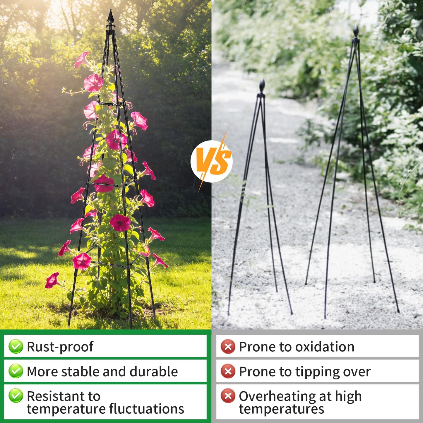 OTOSUNNY Garden Trellis for Climbing Plants Outdoor, 67" Tall Metal Obelisk Trellis Climbing Plants Support for Vegetable|Flower|Vine, Tomato, Peas, Beans, Cucumber Trellis, Lightweight, 1 Pack
