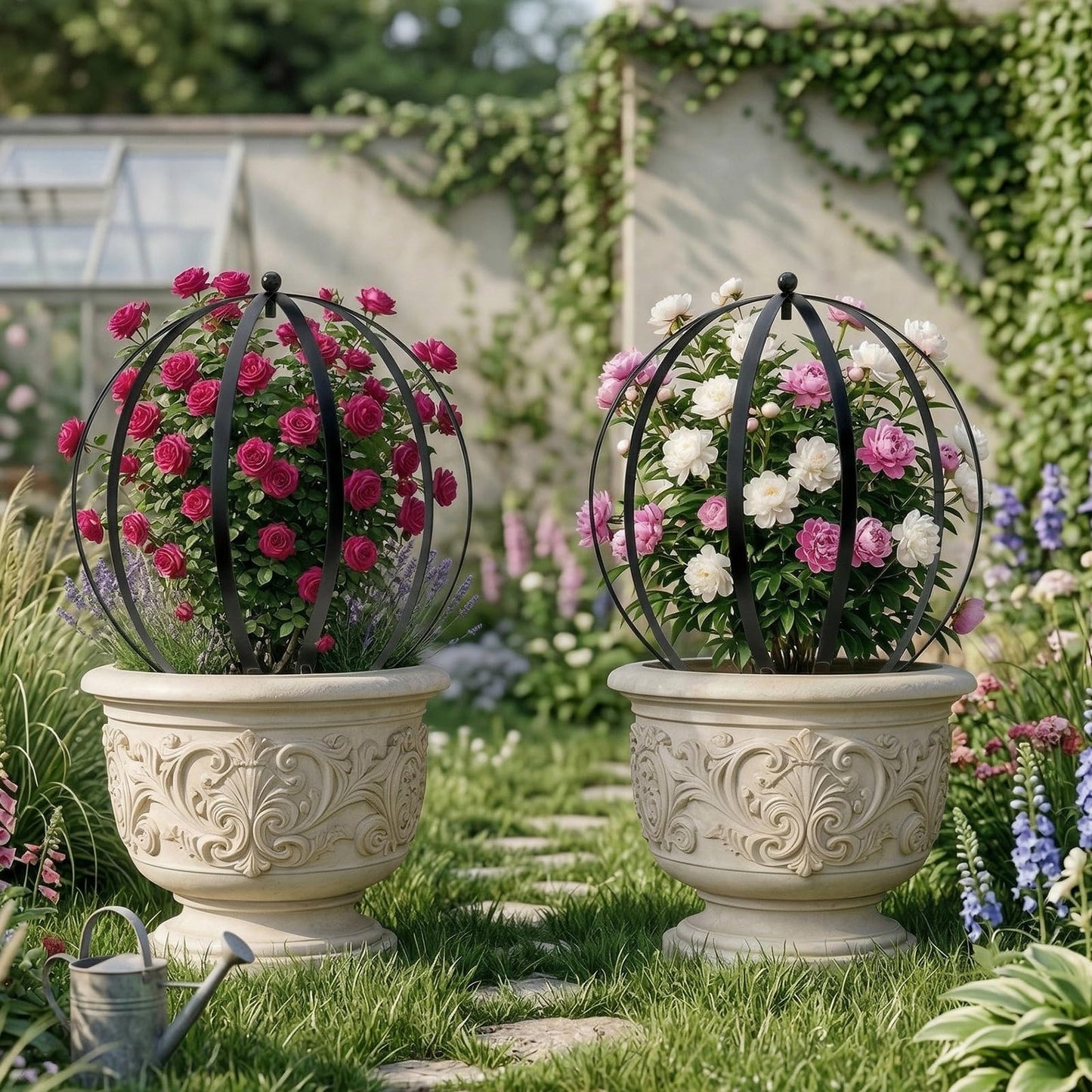 HEYTIMI 4 PCS Large Metal Round Trellis for Climbing Plants, Heavy Duty Thick Rustproof Obelisk, Garden Sphere Frame for Potted Roses Vines, Outdoor Garden Decor, Easy Assembly (25.2" x 21.3")