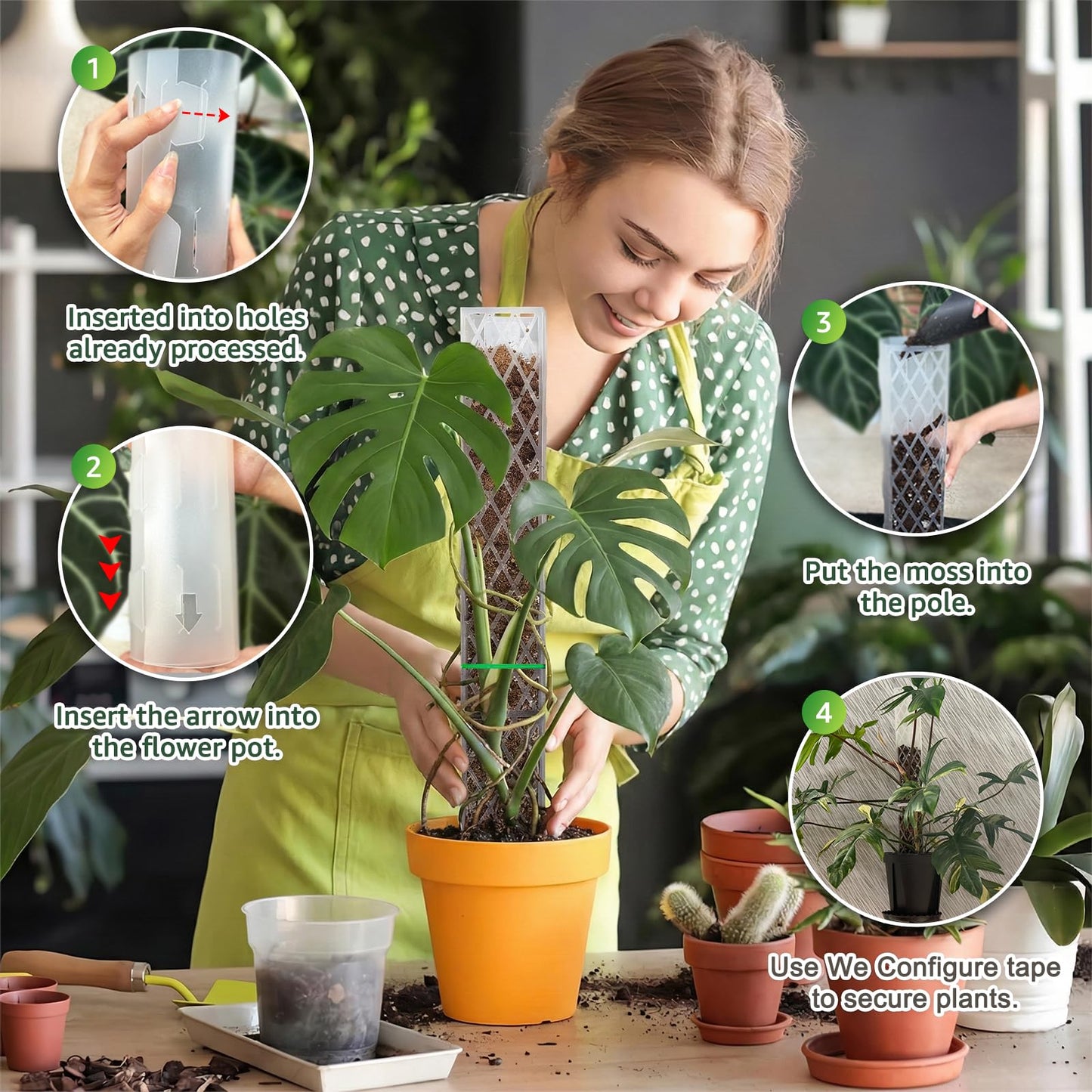 Sisher Monstera Moss Pole 4pcs Plastic Moss Pole for Climbing Plants Work with Sphagnum Moss 16 Inch D Shaped Poles Indoor Plant Support, White