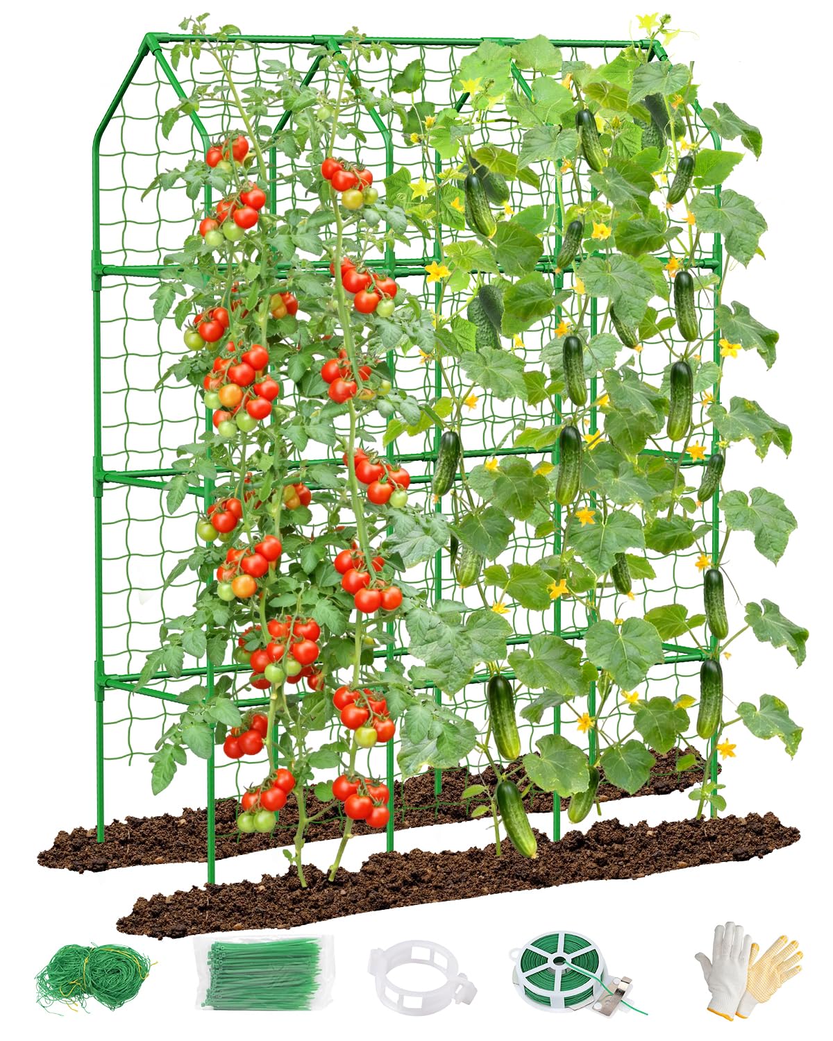 Cucumber Trellis with Grow Bag for Raised Bed, Garden Trellis for Climbing Plants Outdoor ((67 * 17 * 65inch(L*W*H), Trellis)