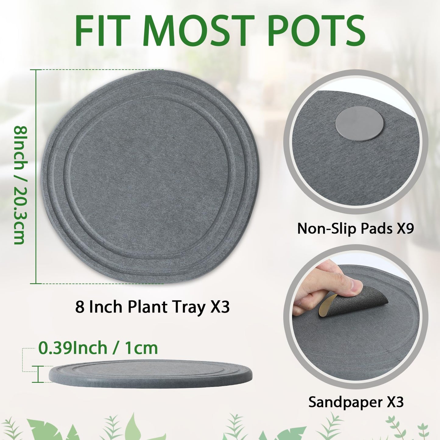 Plant Saucers for Indoors, 3 Pack 8" Quick Dry Diatomite Plant Drip Water Catcher Trays for Pots, Diatomaceous Earth Planter Drainage Saucers Plates to Catch Water for Flower and Plants, Stone Gray