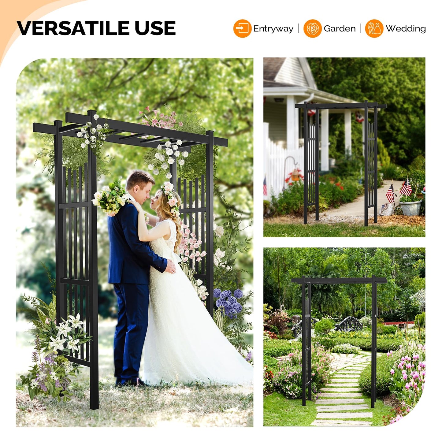 VINGLI Garden Arbor, PVC Wedding Arch for Ceremony Party, Garden Trellis for Climbing Plants Outdoor, Arch Backdrop Stand for Garden, Backyard, Lawn, Wedding (Black)
