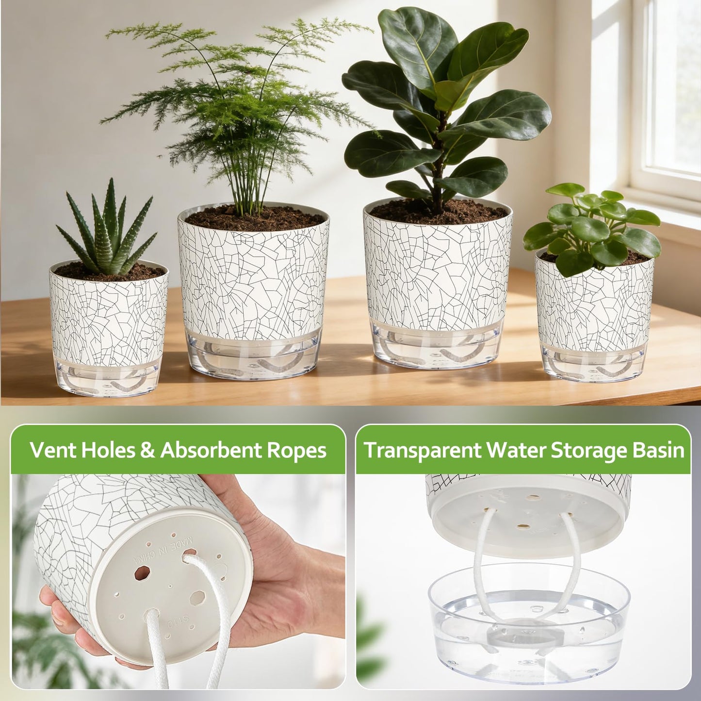 Samhe Self Watering Pots for Indoor Plants, 4/5.5 Inch Crackle Pattern Planters with Clear Water Reservoir & Wick System, 4 Pack Plastic Flower Pots for Succulents, Herbs, African Violets