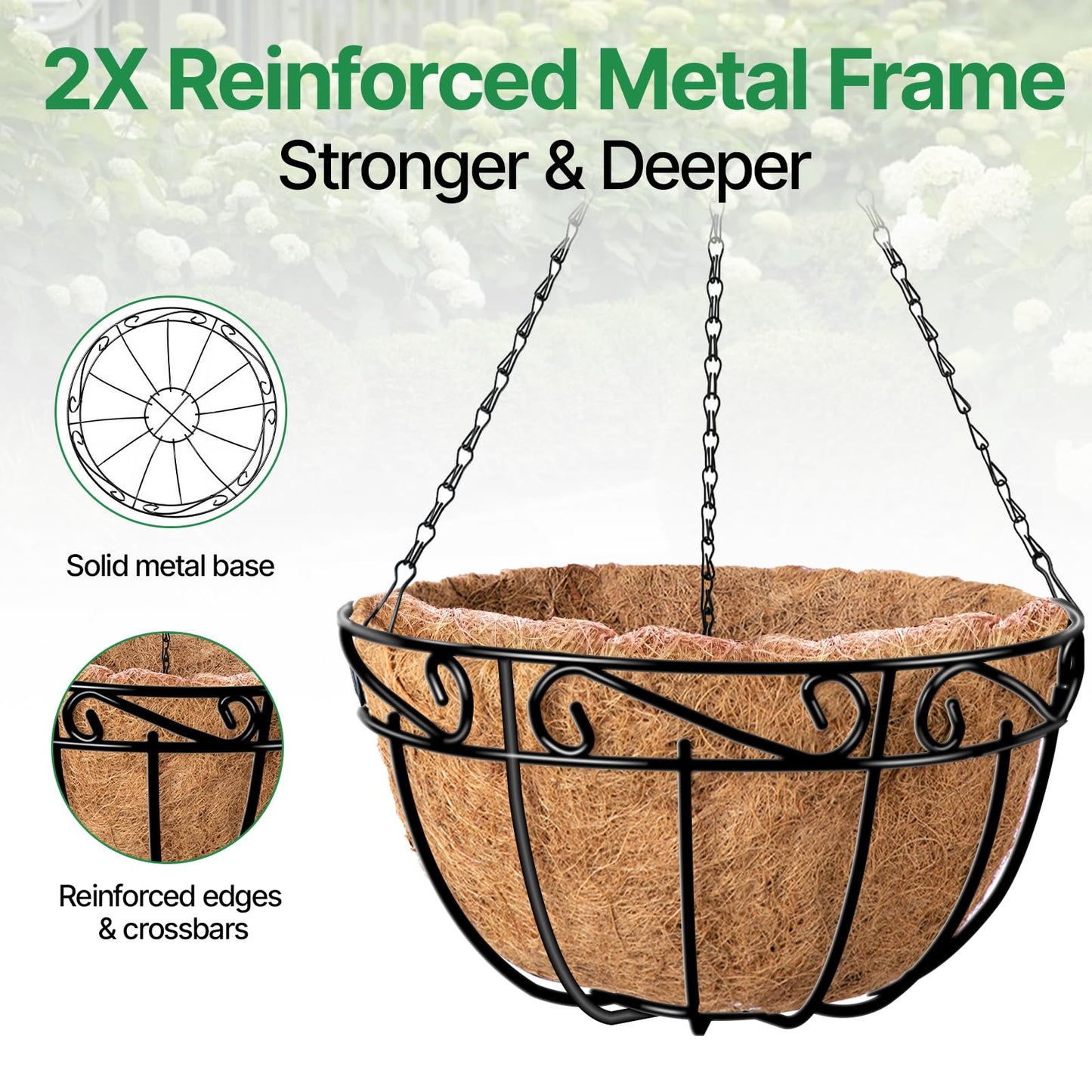 AMAGABELI GARDEN & HOME 4 Pack 15 Inch Metal Plant Hanging Baskets Planter Flower Pots Outdoor Indoor Wire Hanging Basket for Vegetable with Coco Fiber Liners for Garden Home Porch Decor