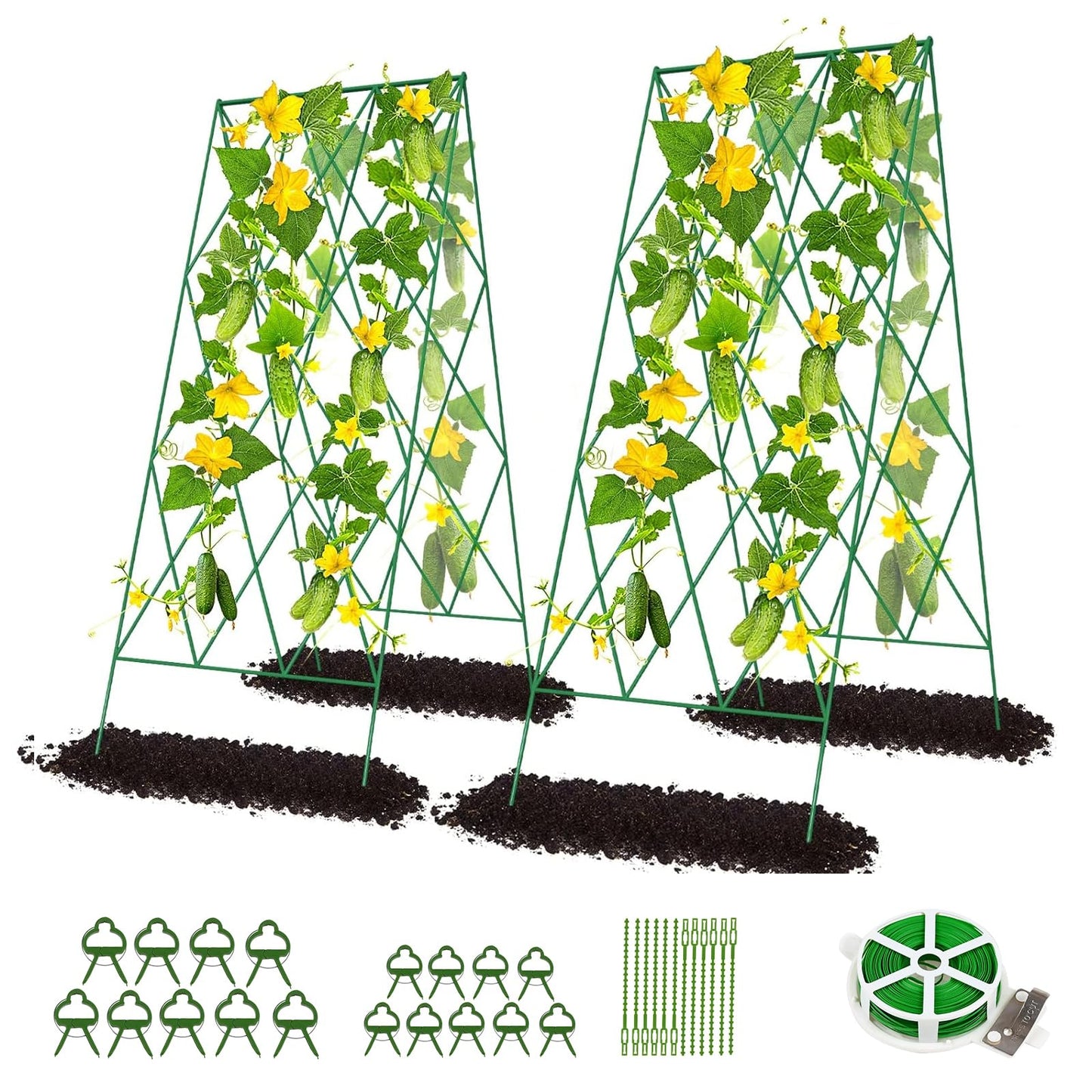 DoCred Cucumber Trellis, 2 Pack Metal Foldable A Frame Garden Trellis for Raised Bed Climbing Plants, Vegetables, Includes Plant Support Clips, Twist Ties, Plastic Ties, A Frame Trellis, Green