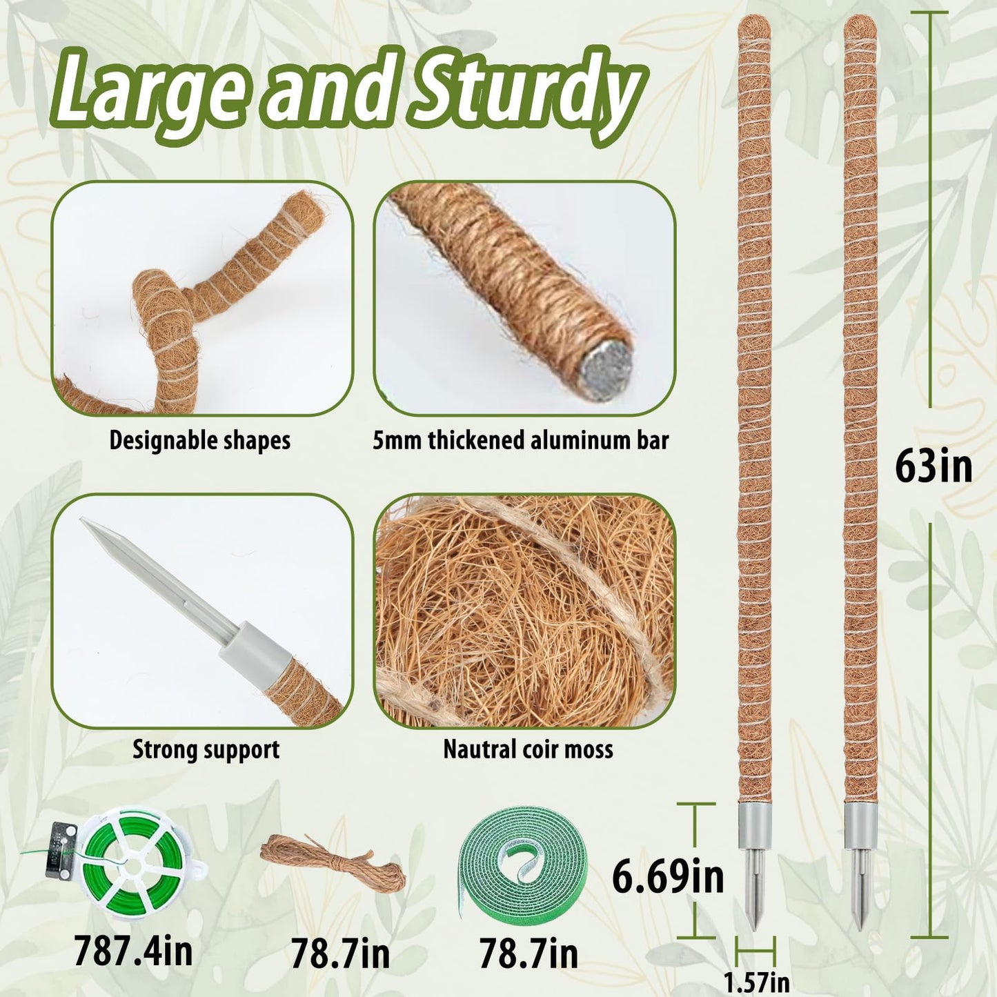 2 Pack Moss Pole, 63 Inch Monstera Plant Support, Moss Poles for Climbing Indoor Plants, Bendable Coco Coir Plant Support Stakes for Potted Plants, Pothos, Philodendron
