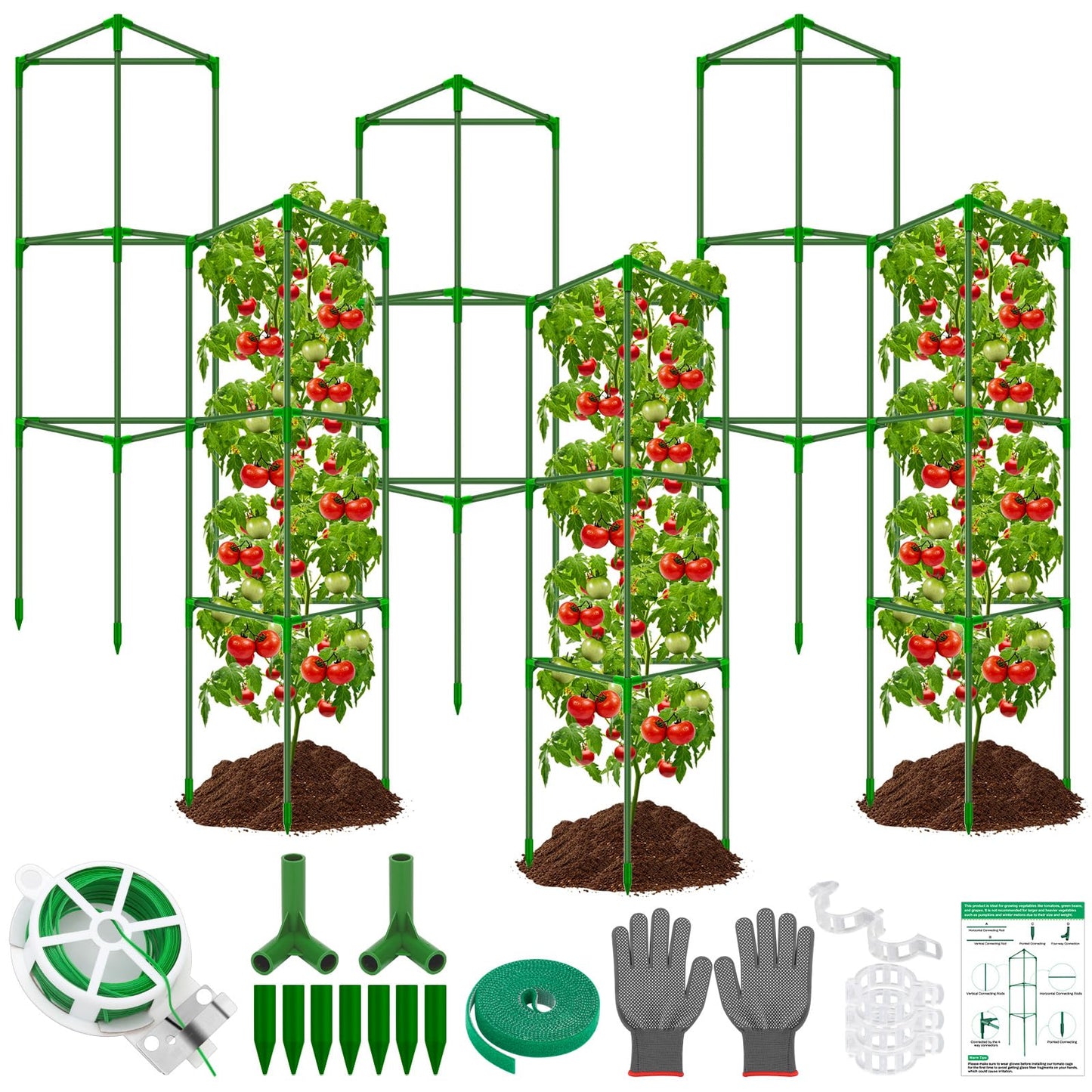 6 Packs Fiberglass Tomato Cages for Garden, 56 Inch Tall Tomato Plant Support, Adjustable Cucumber Stakes Plant Climbing Trellis for Garden Vegetables Fruits, Climbing Bean Support Cages with Clips