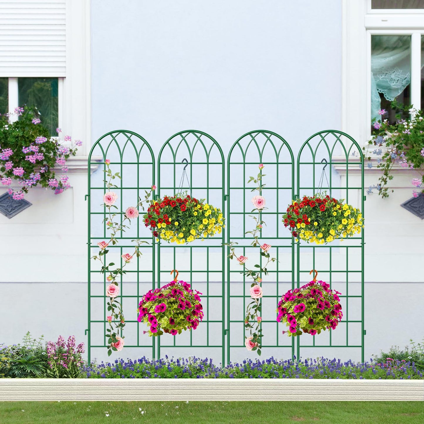 SUNYRISY 4Pack Metal Garden Trellis for Climbing Plants Outdoor, 59x16in Metal Plant Support for Flowers Tomato Cucumber Rose Vegetable Garden Courtyards Lawns Decoration, Green