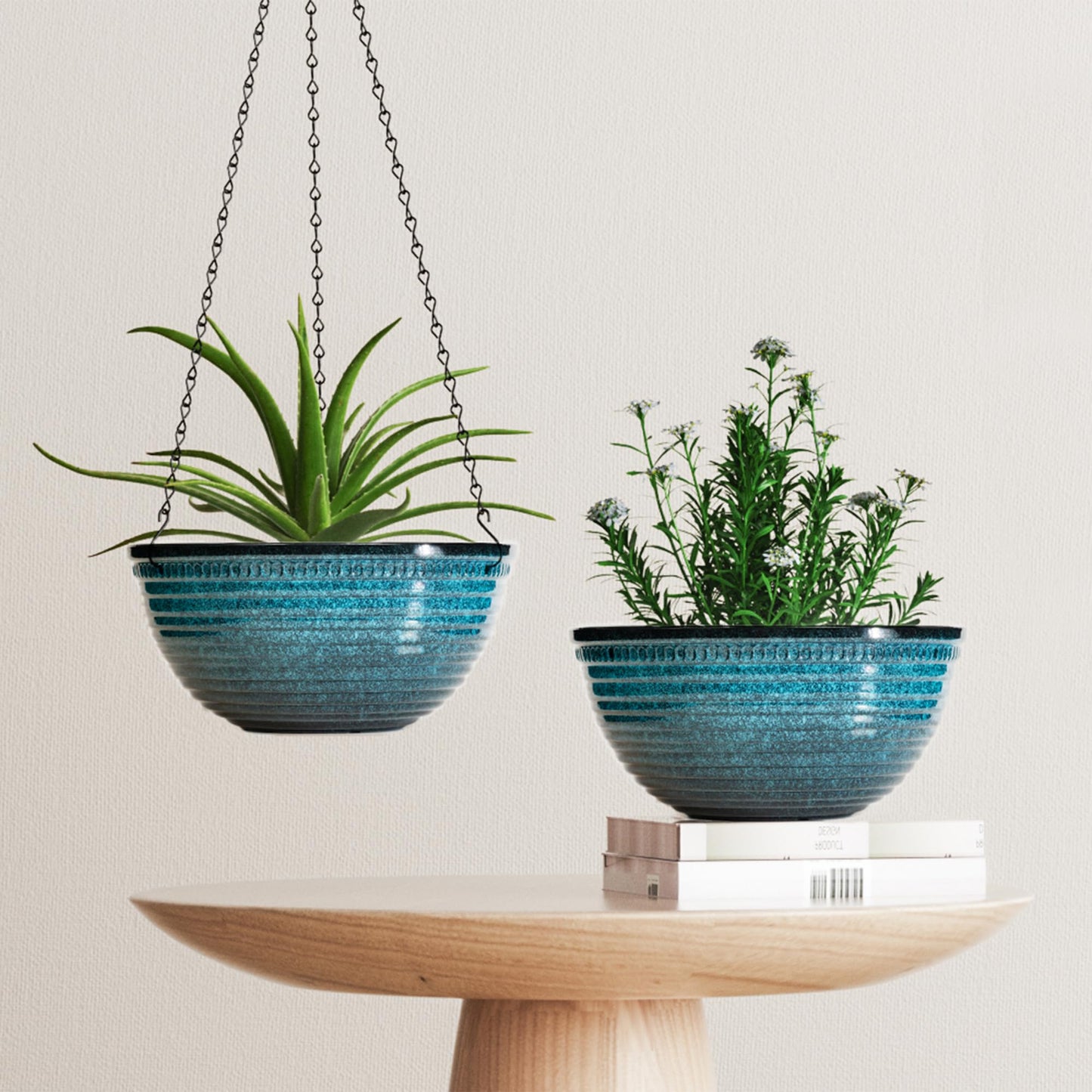 Vanslogreen 12 inch Hanging Planters for Indoor Outdoor Plants, 2 Pack Large Hanging Flower Pots with Drainage Holes and Chain, Glazed Hanging Baskets for Home Garden Decoration, Blue