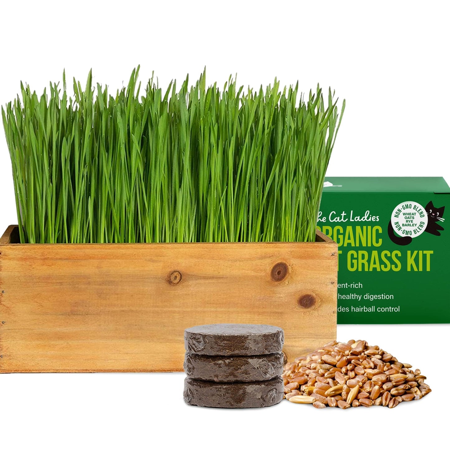 The Cat Ladies Cat Grass Kit with Rustic Wood Planter, Seed and Soil. Easy to Grow for Indoor or Outdoor Cats, Dogs and Other Pets. Prevent Hairballs and Aid Digestion