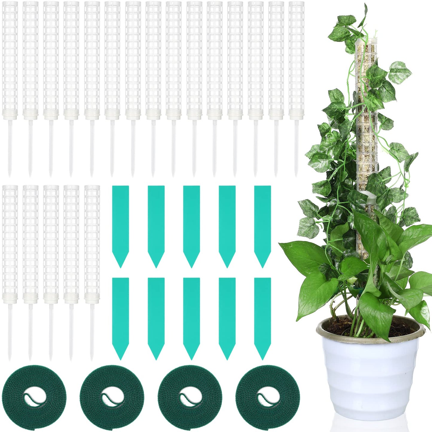 20 Pcs 15 Inch Plastic Moss Pole for Plants Monstera Moss Totem Pole Stick Plastic Monstera Plant Support 10 Pcs Plant Labels 4 Pcs 6.56 Ft Green Plant Ties Gardening Tape for Climbing Plants Creepers