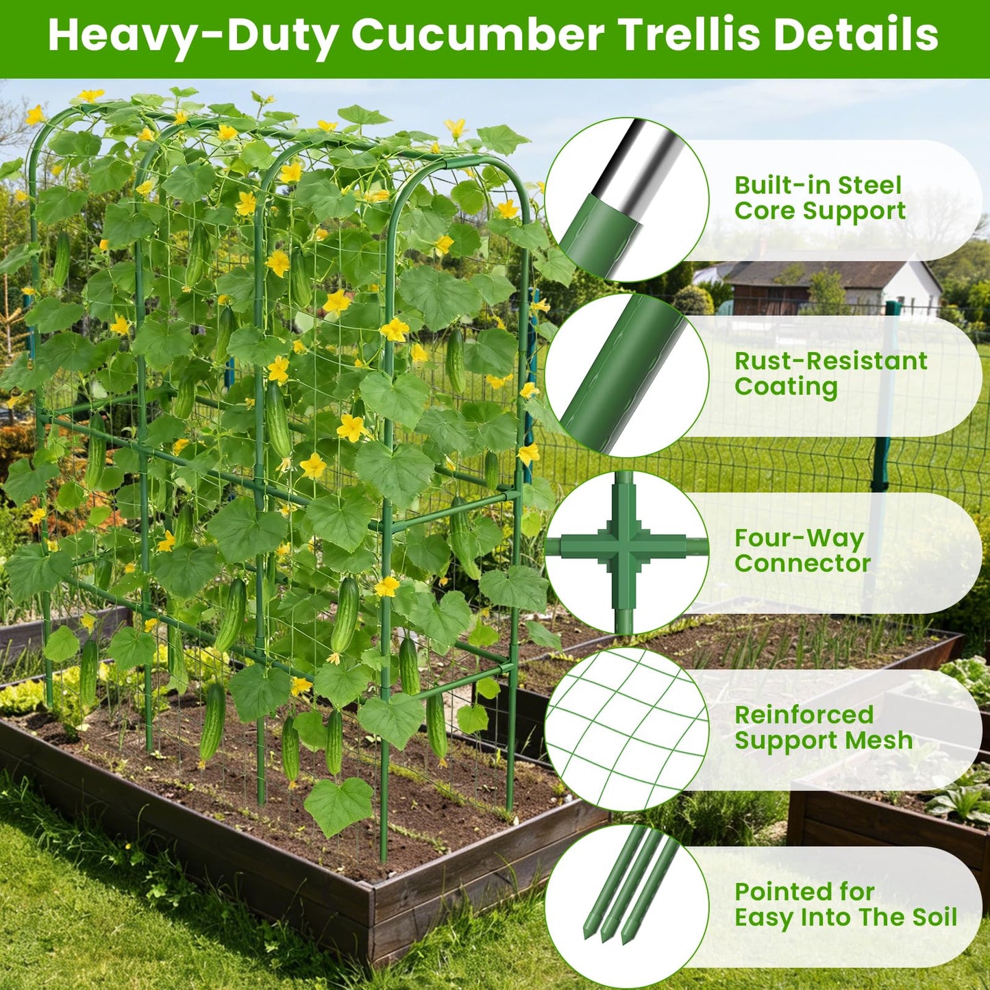 62in Tall Cucumber Trellis for Raised Bed, 51" L x 62" H Metal Garden Trellis for Climbing Plants Outdoor, U-Shape Vegetables Trellis Support for Squash Zucchini Peas Grape