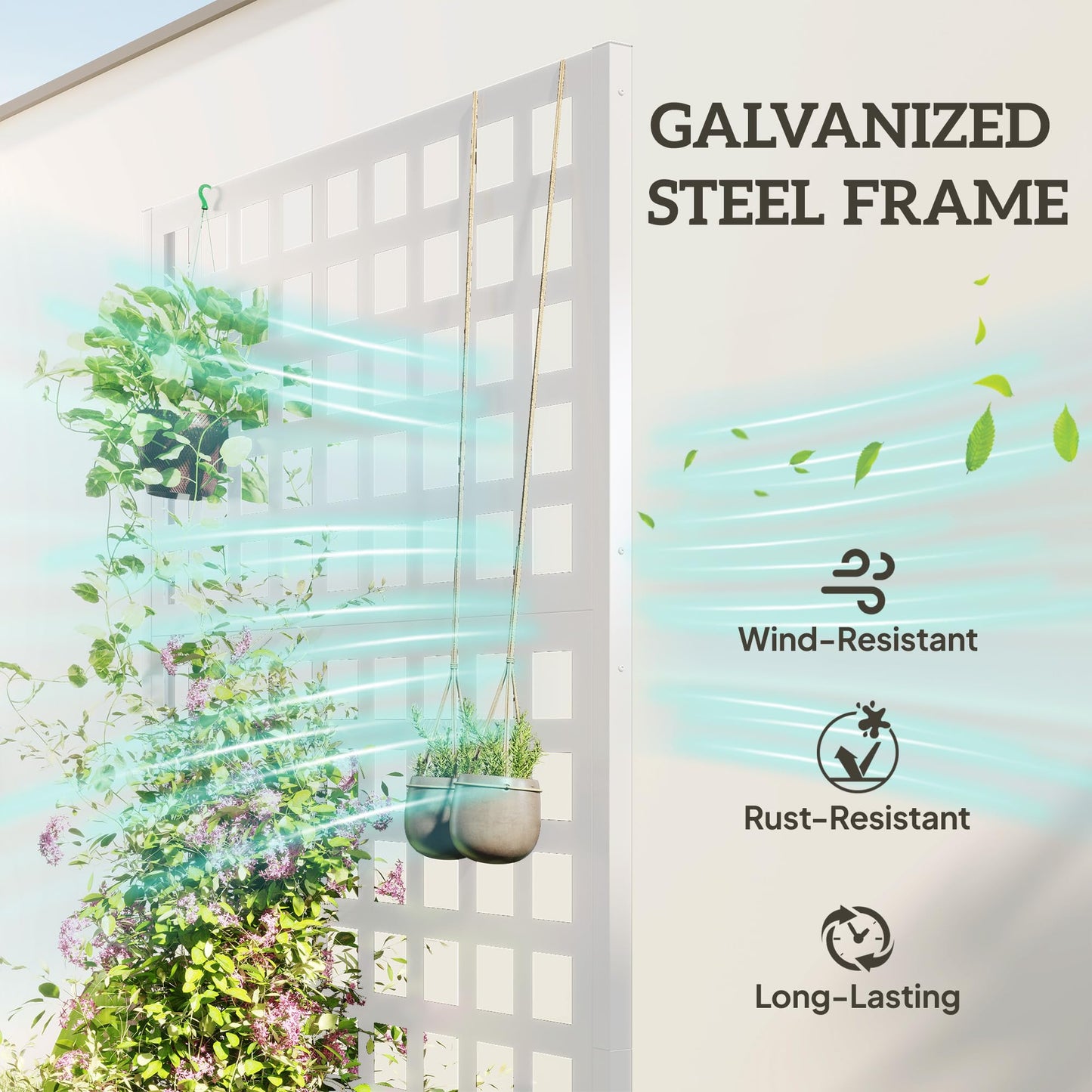 Outsunny Galvanized Raised Garden Bed with Trellis, Metal Planter Box with Drainage Holes, Outdoor Privacy Screen for Climbing Plants, Vegetable, Vines, 35" x 16" x 70", White
