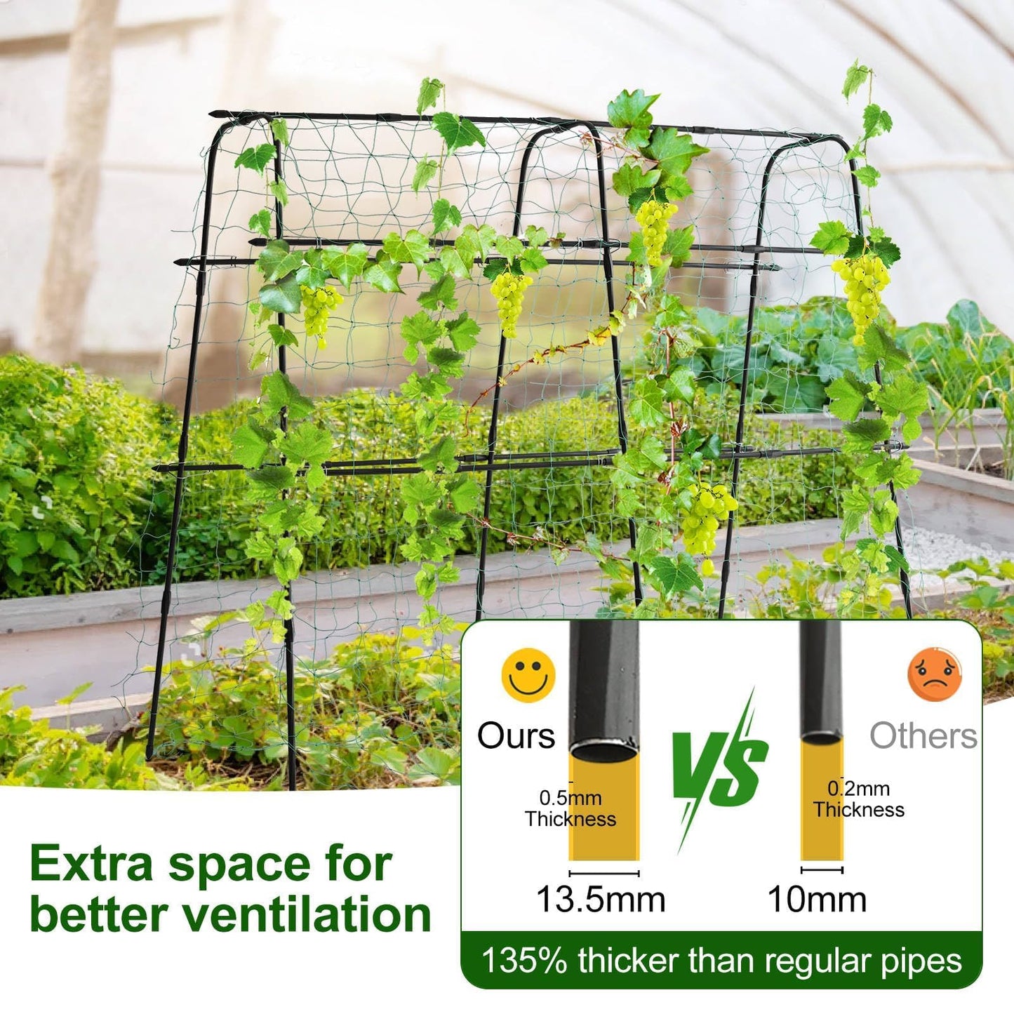 Garden Trellis for Climbing Plants Outdoor, Metal Cucumber Trellis Plant Support for Outdoor Vegetables Fruits Flowers Vines Cucumber Trellis Raised Bed, with Nylon Netting, 63" Hx 63" L, Black