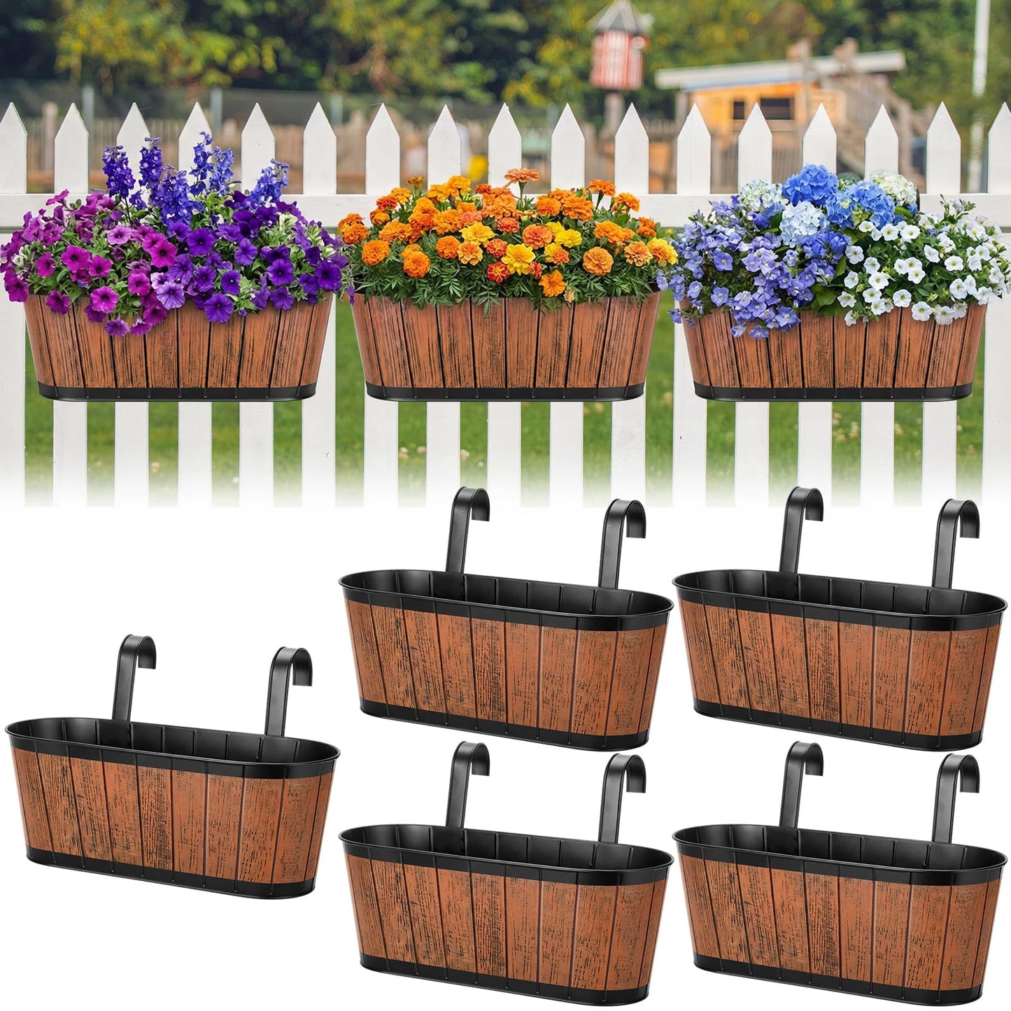 Ferrochef 5 Pcs 16 Inch Metal Hanging Flower Pots for Railing Fence Balcony Railing Planters Countryside Style Window Flower Plant Holder with Detachable Hooks for Garden Yard Fence Home Decor