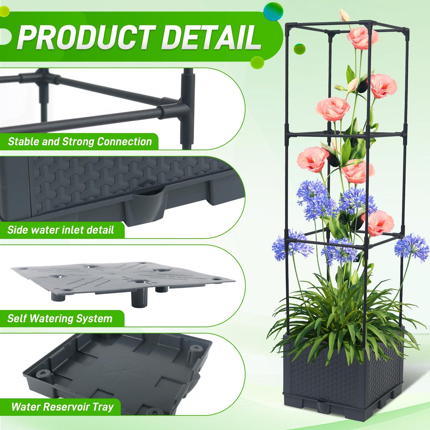 Biotolot Raised Garden Bed Tomato Planter Box with Trellis, 44" Self-Watering Tomato Cage with Square Trellis for Climbing Plants, Flowers, Vegetables, Vine in Patio Garden Indoor Outdoor