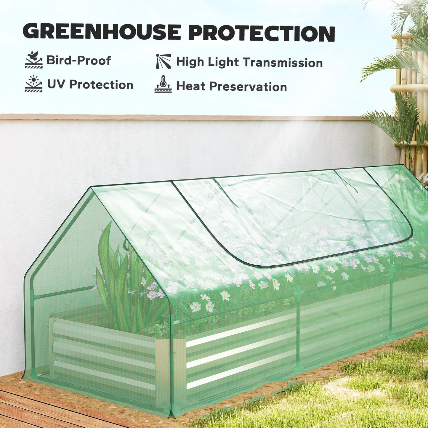 Outsunny 8.6 x 3 x 1ft Metal Planter Box with Mini Greenhouse, Galvanized Raised Garden Bed with Cover for Herbs and Vegetables, Small Greenhouse for Patio Garden Balcony, Green and Silver