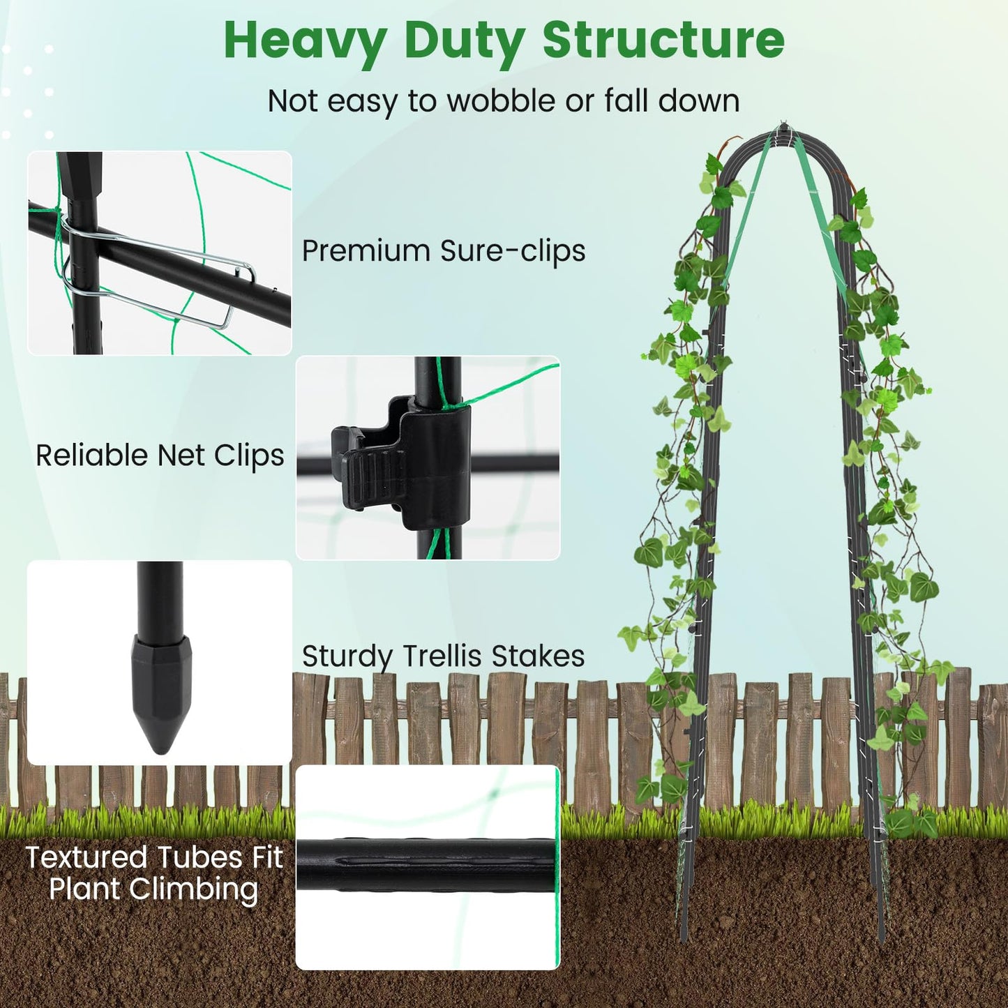 Toolsempire 71" x 71" Cucumber Trellis for Raised Bed, Garden Arch Trellis Metal Plant Support Frame with Netting, Sure-Clips & Ground Stakes, U-Shaped Garden Trellis for Climbing Plants Outdoor