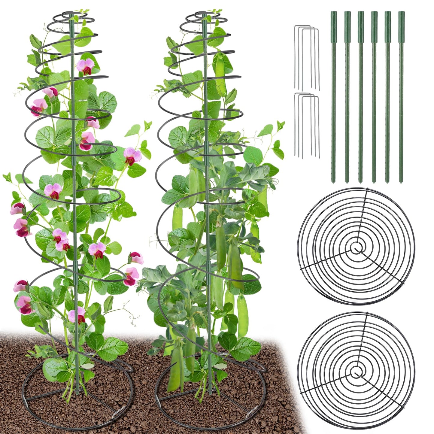 Pea Trellis Green Bean Trellis for Garden - 2 Pack Sugar Snap Tower Stretchable to 50in with Poles, Metal Climbing Plant Growing Cage Support for Cucumber Vine Vegetable Indoor Outdoor